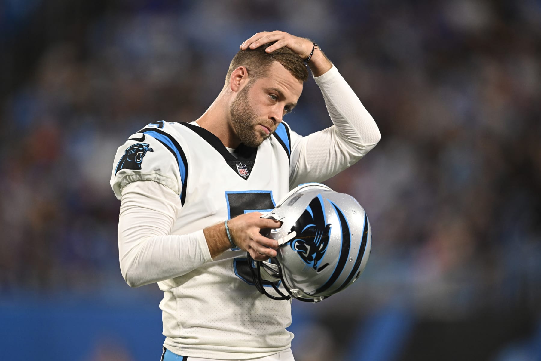 CHARLOTTE, NORTH CAROLINA - AUGUST 26: Zane Gonzalez #5 of the Carolina Panthers stands on the field after a first quarter kick against the Buffalo Bills during a preseason game at Bank of America Stadium on August 26, 2022 in Charlotte, North Carolina. (Photo by Eakin Howard/Getty Images)