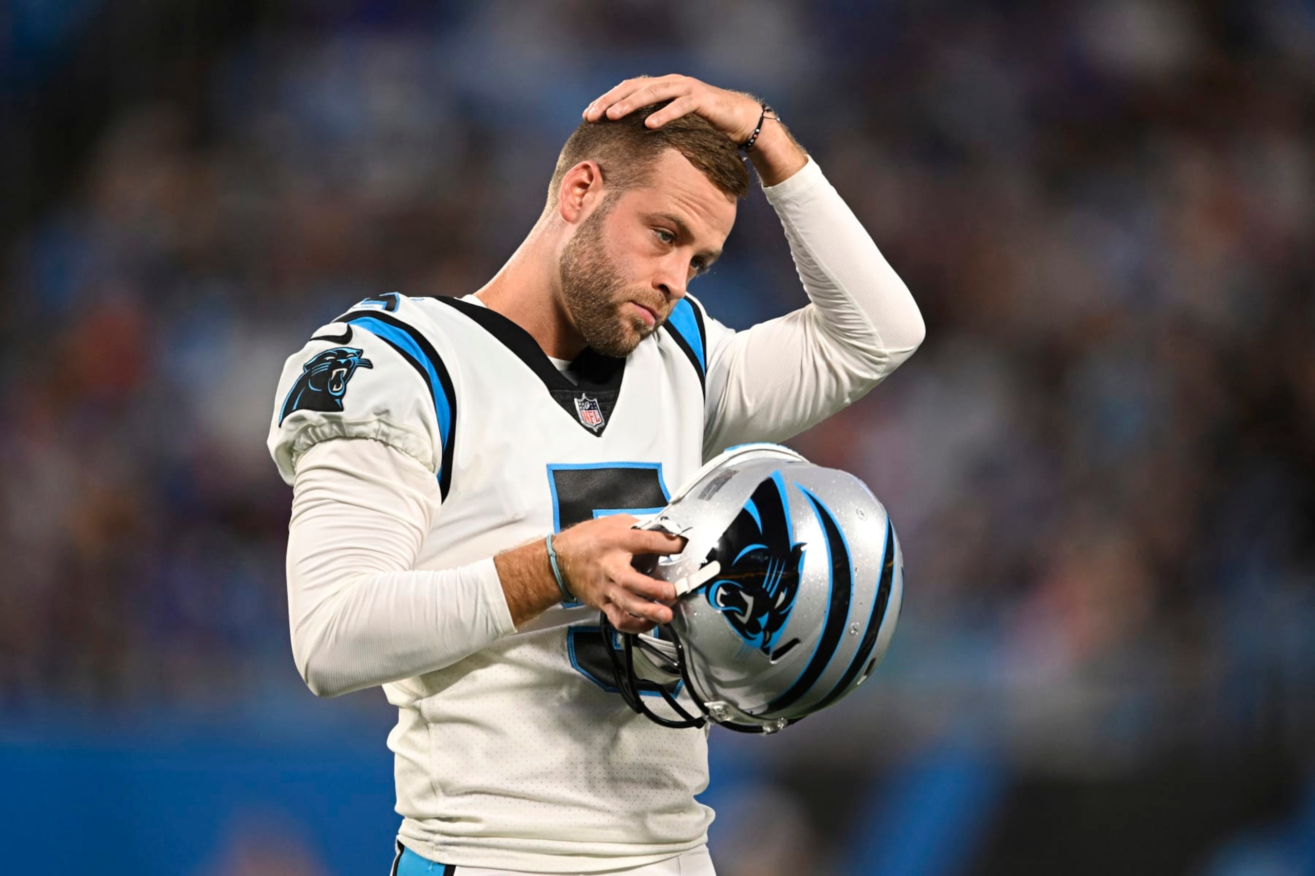 CHARLOTTE, NORTH CAROLINA - AUGUST 26: Zane Gonzalez #5 of the Carolina Panthers stands on the field after a first quarter kick against the Buffalo Bills during a preseason game at Bank of America Stadium on August 26, 2022 in Charlotte, North Carolina. (Photo by Eakin Howard/Getty Images)