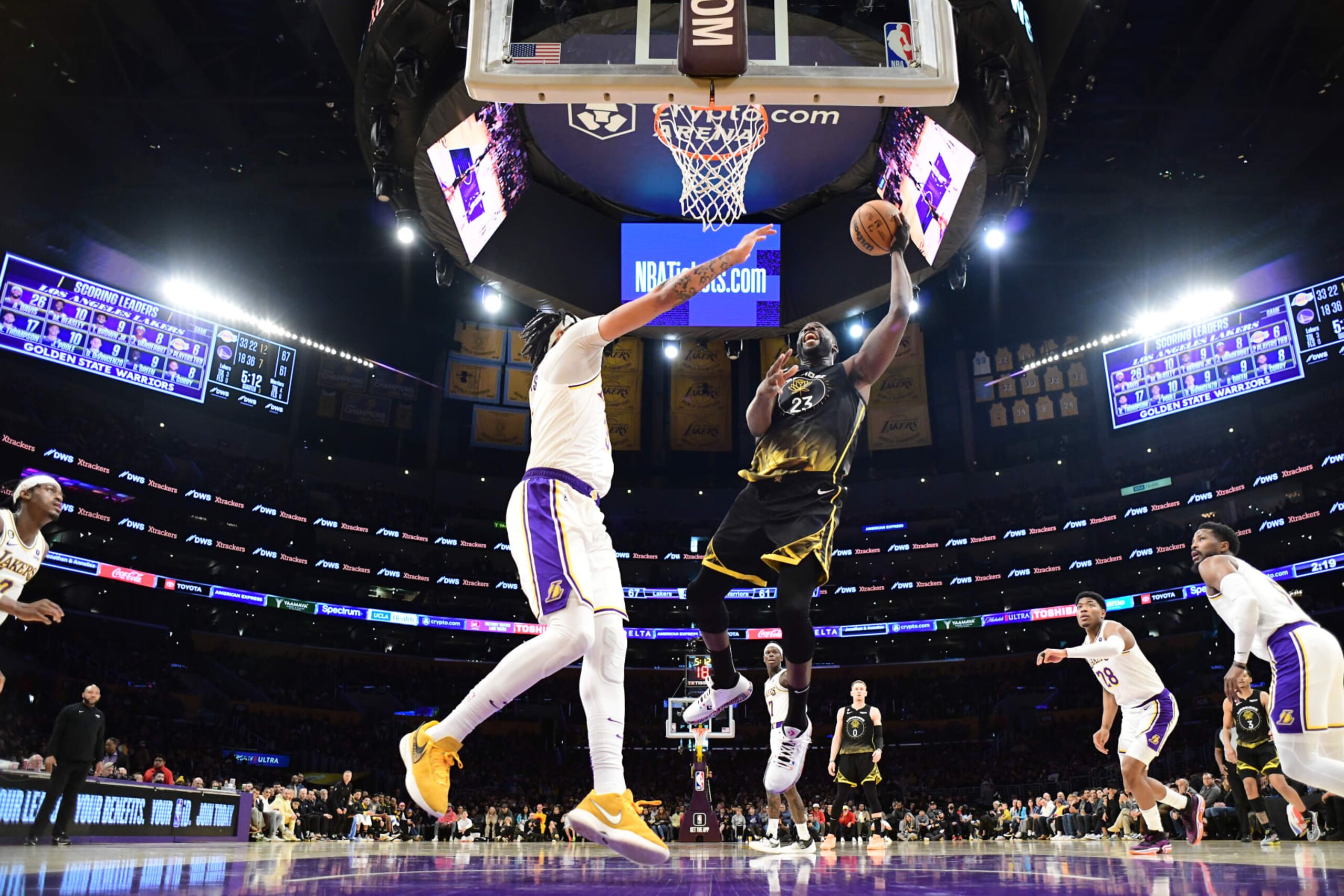 Draymond Green goes to the basket during a Warriors game against the Lakers in Los Angeles on March 5.
