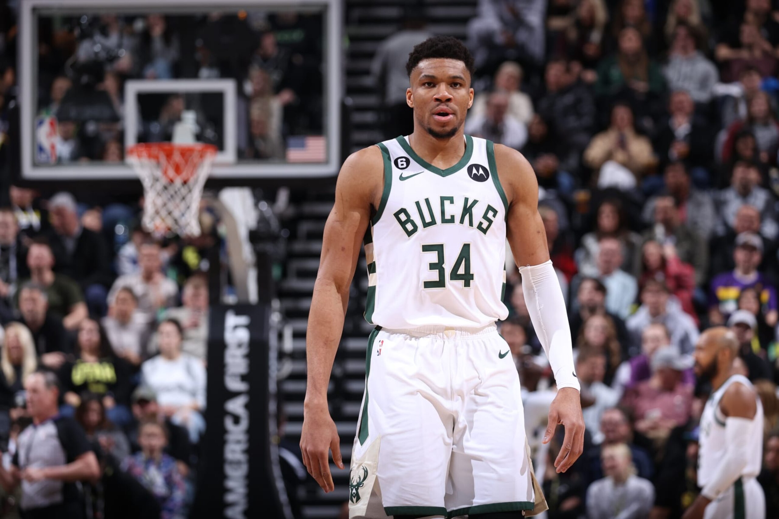 SALT LAKE CITY, UT - MARCH 24: Giannis Antetokounmpo #34 of the Milwaukee Bucks looks on during the game against the Utah Jazz on March 24, 2023 at vivint.SmartHome Arena in Salt Lake City, Utah. NOTE TO USER: User expressly acknowledges and agrees that, by downloading and or using this Photograph, User is consenting to the terms and conditions of the Getty Images License Agreement. Mandatory Copyright Notice: Copyright 2023 NBAE (Photo by Melissa Majchrzak/NBAE via Getty Images)
