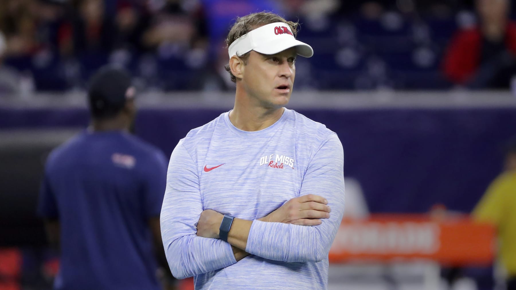 Mississippi head coach Lane Kiffin before the start of the 2022 TaxAct Texas Bowl football game against Texas Tech Wednesday Dec. 28, 2022, in Houston. (AP Photo/Michael Wyke)