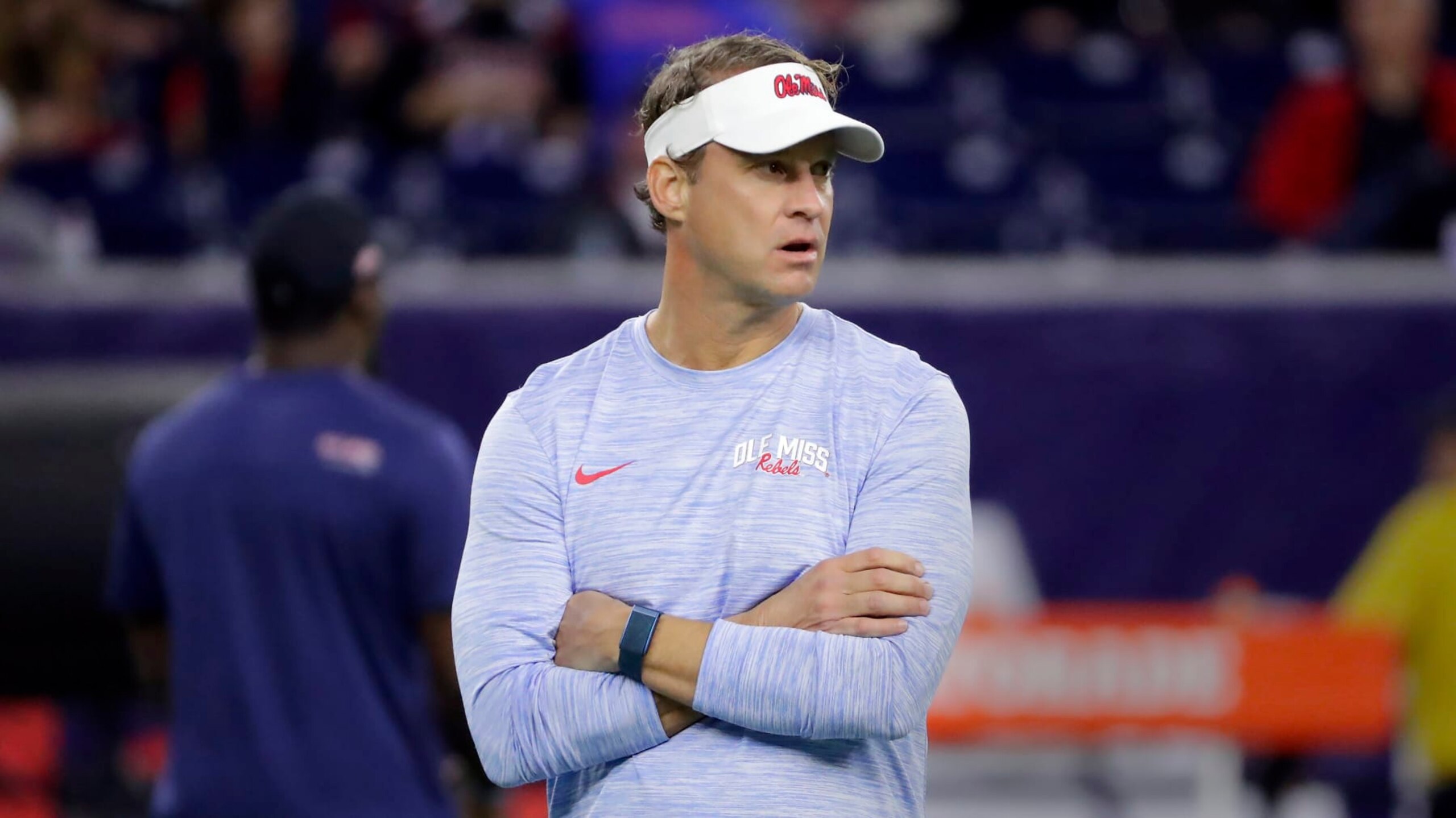 Mississippi head coach Lane Kiffin before the start of the 2022 TaxAct Texas Bowl football game against Texas Tech Wednesday Dec. 28, 2022, in Houston. (AP Photo/Michael Wyke)