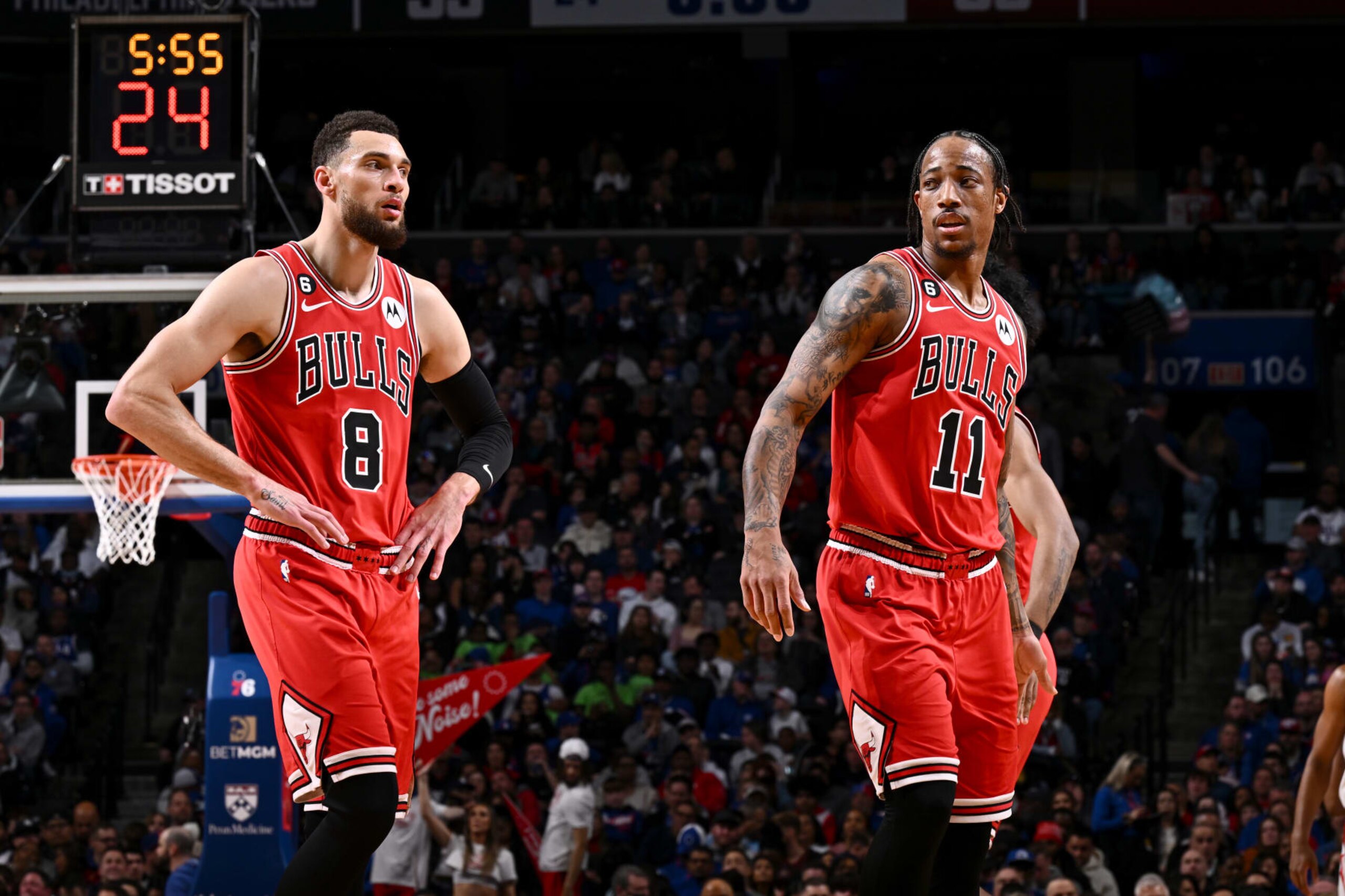 PHILADELPHIA, PA - MARCH 20: Zach LaVine #8 and DeMar DeRozan #11 of the Chicago Bulls look on during the game against the Philadelphia 76ers on March 20, 2023 at the Wells Fargo Center in Philadelphia, Pennsylvania NOTE TO USER: User expressly acknowledges and agrees that, by downloading and/or using this Photograph, user is consenting to the terms and conditions of the Getty Images License Agreement. Mandatory Copyright Notice: Copyright 2023 NBAE (Photo by David Dow/NBAE via Getty Images)