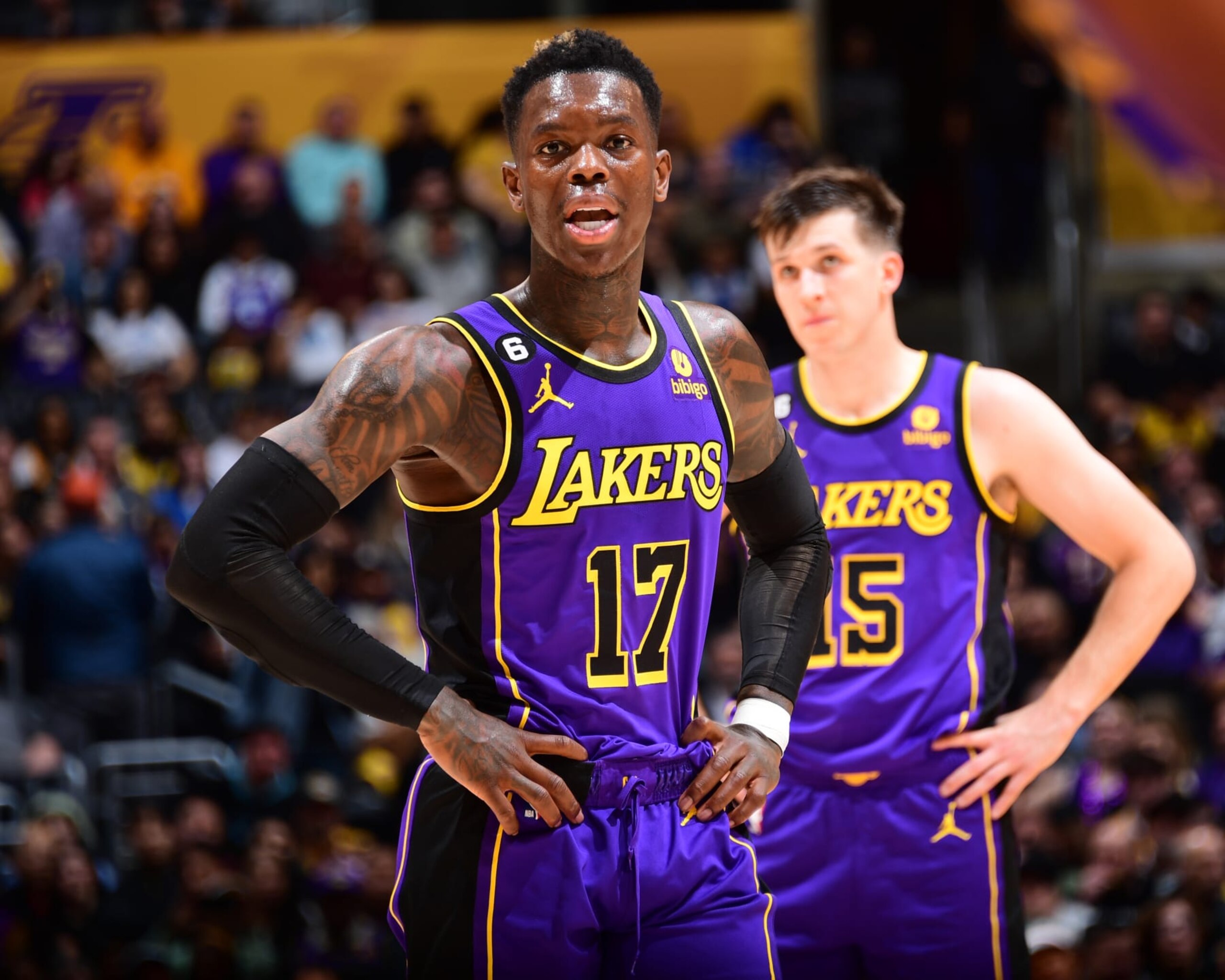 LOS ANGELES, CA - MARCH 24:  Dennis Schroder #17 of the Los Angeles Lakers looks on during the game on March 24, 2023 at Crypto.Com Arena in Los Angeles, California. NOTE TO USER: User expressly acknowledges and agrees that, by downloading and/or using this Photograph, user is consenting to the terms and conditions of the Getty Images License Agreement. Mandatory Copyright Notice: Copyright 2023 NBAE (Photo by Adam Pantozzi/NBAE via Getty Images)