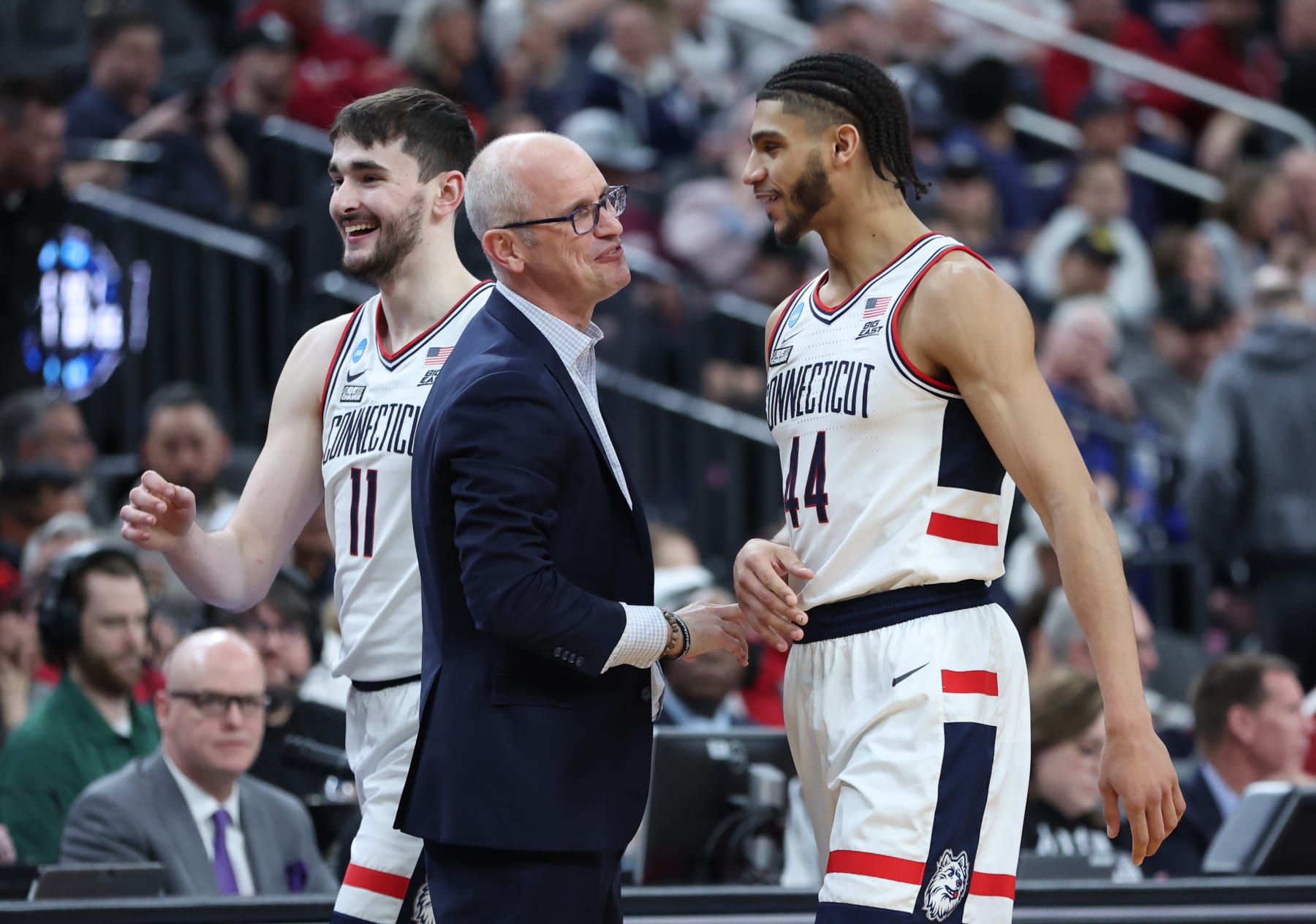 LAS VEGAS, NEVADA - MARCH 23: Andre Jackson Jr. #44 of the Connecticut Huskies reacts with head coach Dan Hurley after coming out of the game during the second half against the Arkansas Razorbacks in the Sweet 16 round of the NCAA Men's Basketball Tournament at T-Mobile Arena on March 23, 2023 in Las Vegas, Nevada. (Photo by Sean M. Haffey/Getty Images)