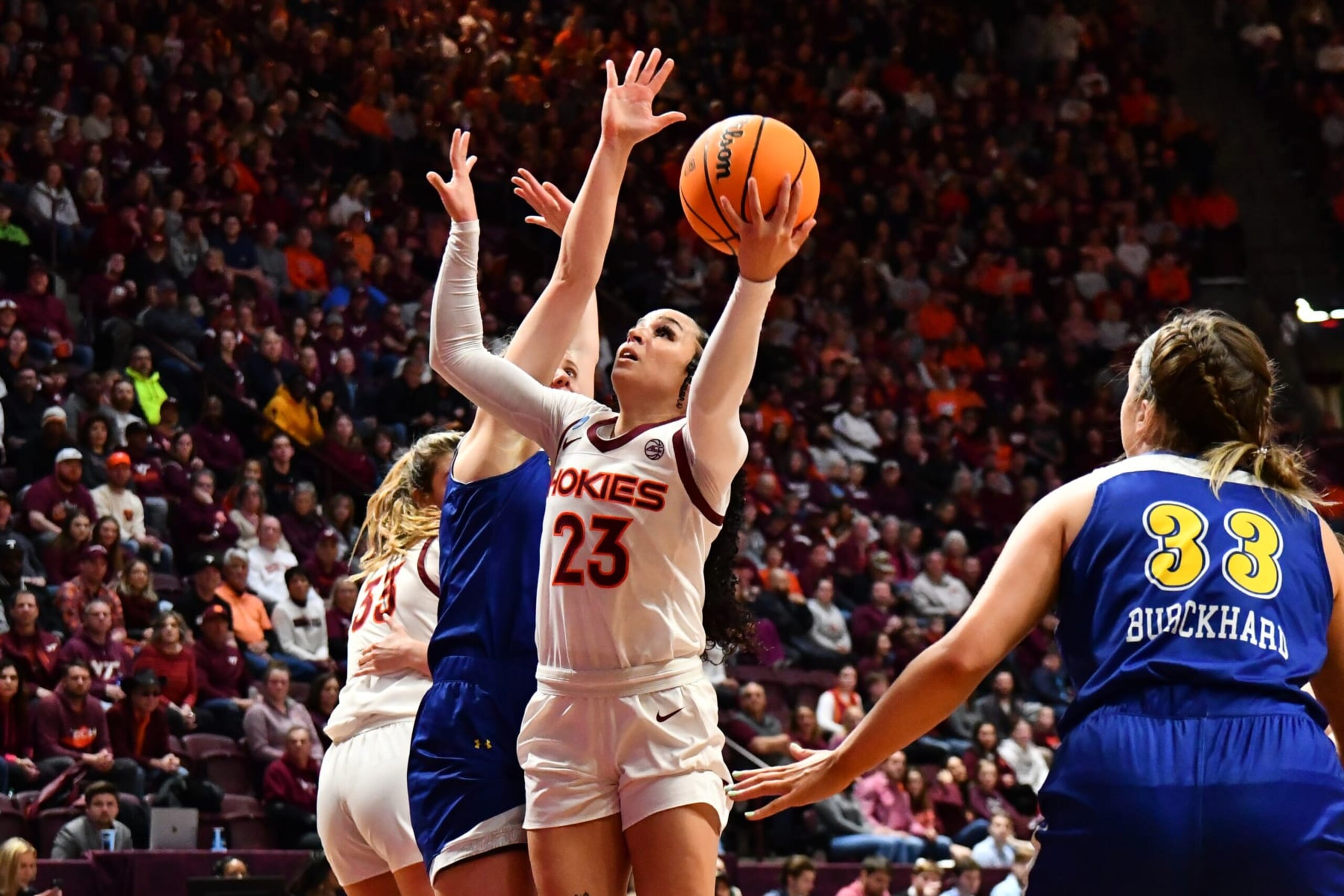 BLACKSBURG, VA - MARCH 19: Virginia Tech Hokies guard Kayana Traylor (23) goes up for a layup 1during the Virginia Tech Hokies game versus the South Dakota State Jackrabbits game in the second round of the NCAA Women's Basketball Championship Seattle Regional 3 on March 19, 2023 at Cassell Coliseum in Blacksburg, VA.(Photo by Brian Bishop/Icon Sportswire via Getty Images) BLACKSBURG, VA - MARCH 19: Virginia Tech Hokies guard Kayana Traylor (23) goes up for a layup 1during the Virginia Tech Hokies game versus the South Dakota State Jackrabbits game in the second round of the NCAA Women's Basketball Championship Seattle Regional 3 on March 19, 2023 at Cassell Coliseum in Blacksburg, VA.(Photo by Brian Bishop/Icon Sportswire via Getty Images)