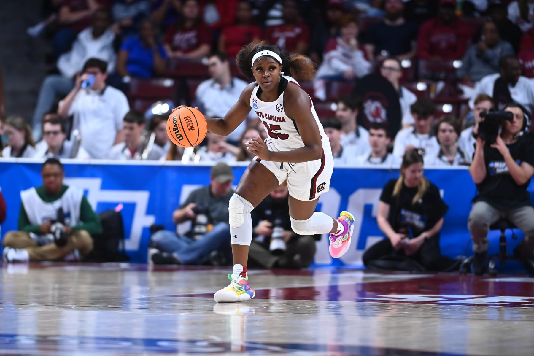 COLUMBIA, SC - MARCH 17: Raven Johnson #25 of the South Carolina Gamecocks dribbles the ball up the court during the first round of the 2023 NCAA Women's Basketball Tournament held at Colonial Life Arena on March 17, 2023 in Columbia, South Carolina. (Photo by Tim Cowie/NCAA Photos via Getty Images)