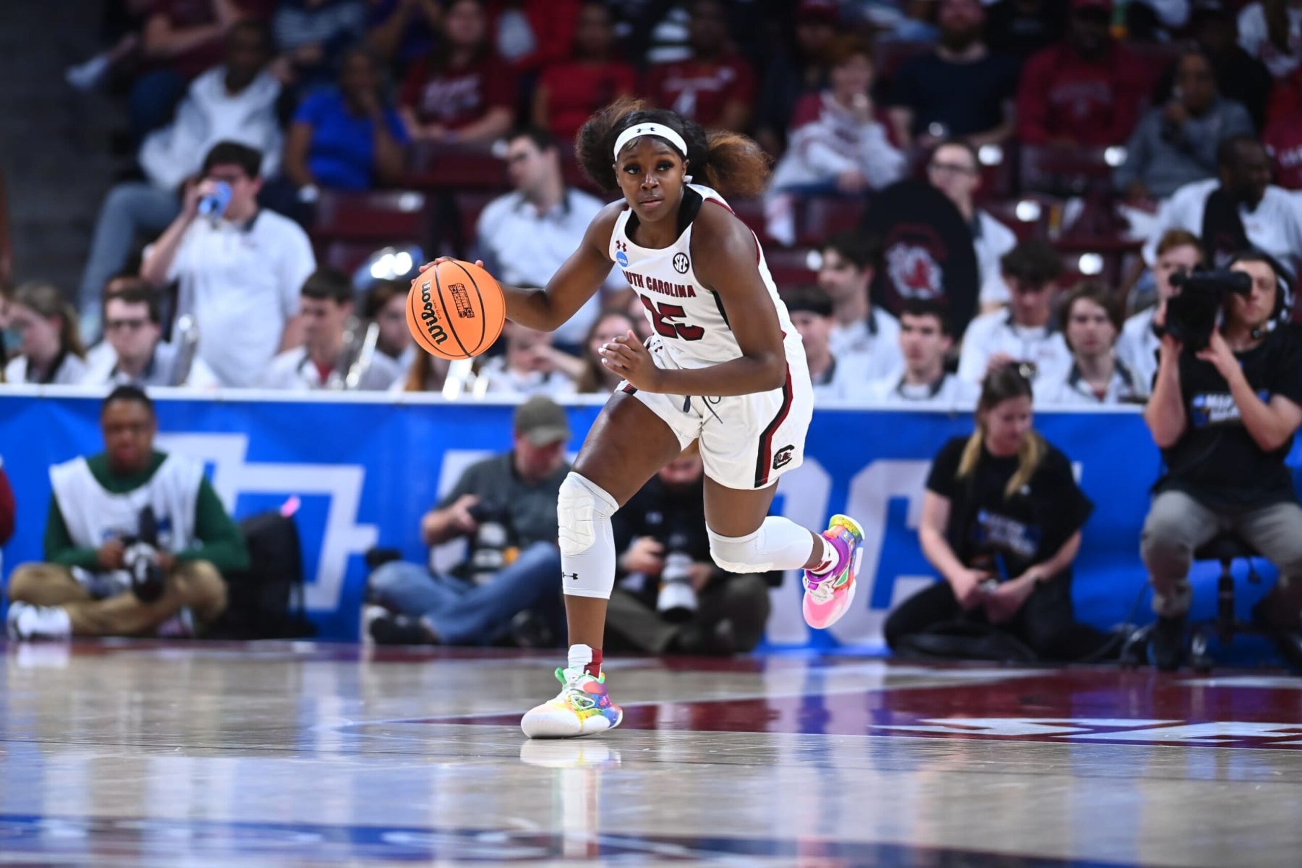 COLUMBIA, SC - MARCH 17: Raven Johnson #25 of the South Carolina Gamecocks dribbles the ball up the court during the first round of the 2023 NCAA Women's Basketball Tournament held at Colonial Life Arena on March 17, 2023 in Columbia, South Carolina. (Photo by Tim Cowie/NCAA Photos via Getty Images) COLUMBIA, SC - MARCH 17: Raven Johnson #25 of the South Carolina Gamecocks dribbles the ball up the court during the first round of the 2023 NCAA Women's Basketball Tournament held at Colonial Life Arena on March 17, 2023 in Columbia, South Carolina. (Photo by Tim Cowie/NCAA Photos via Getty Images)