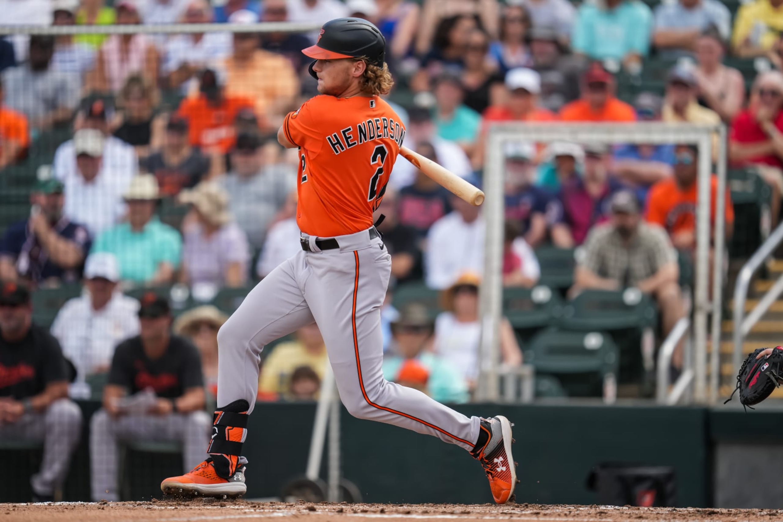 FORT MYERS, FL- MARCH 07: Gunnar Henderson #2 of the Baltimore Orioles bats during a spring training game against the Minnesota Twins on March 7, 2023 at the Hammond Stadium in Fort Myers, Florida. (Photo by Brace Hemmelgarn/Minnesota Twins/Getty Images)