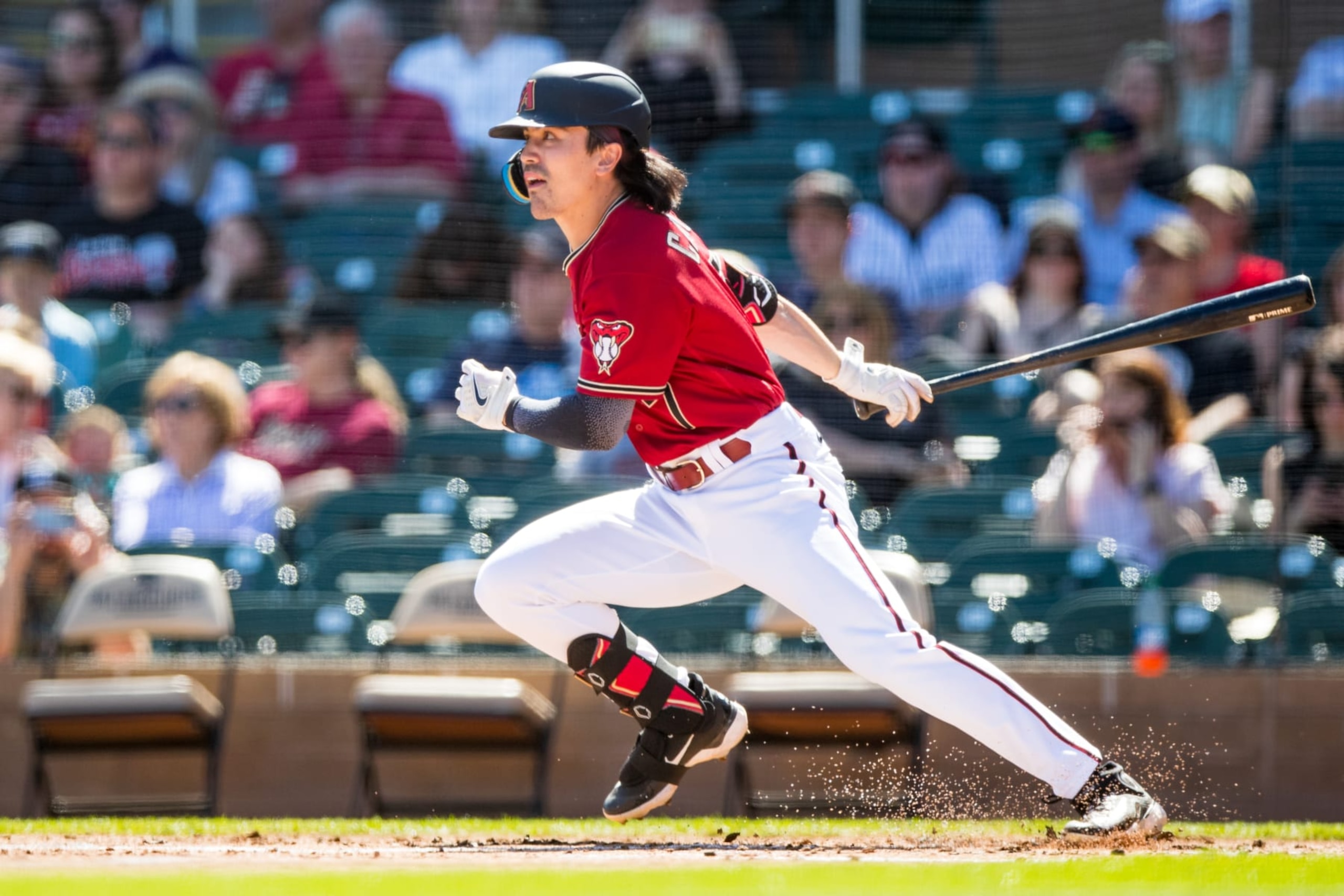 SCOTTSDALE, ARIZONA - MARCH 12: Corbin Carroll #7 of the Arizona Diamondbacks hits the ball during the first inning of the Spring Training game against the Colorado Rockies at Salt River Fields at Talking Stick on March 12, 2023 in Scottsdale, Arizona. (Photo by John E. Moore III/Getty Images)