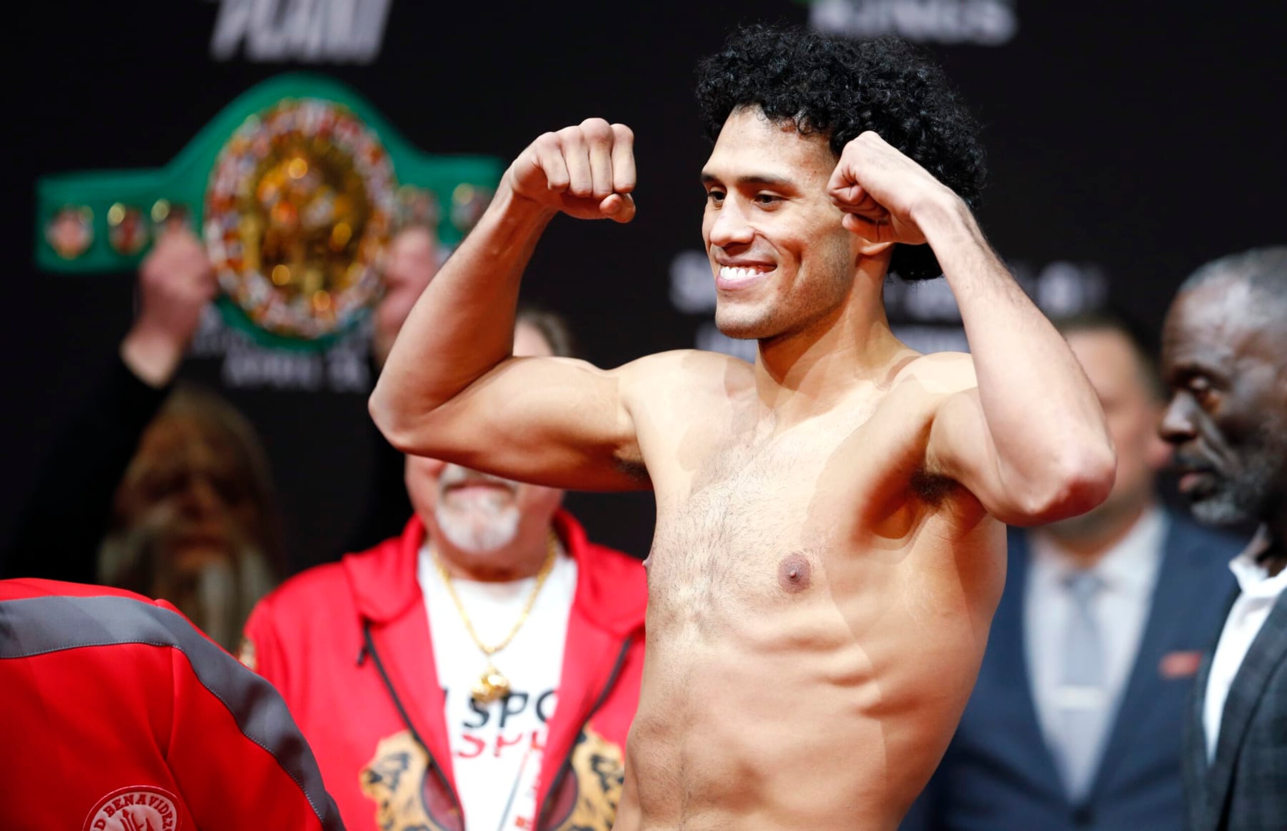 LAS VEGAS, NEVADA - MARCH 24: Super middleweight boxer David Benavidez poses during an official weigh-in at MGM Grand Hotel & Casino on March 24, 2023 in Las Vegas, Nevada. Benavidez will defend his WBC interim super middleweight title against Caleb Plant at MGM Garden Arena in Las Vegas Saturday, March 25, 2023. (Photo by Steve Marcus/Getty Images)