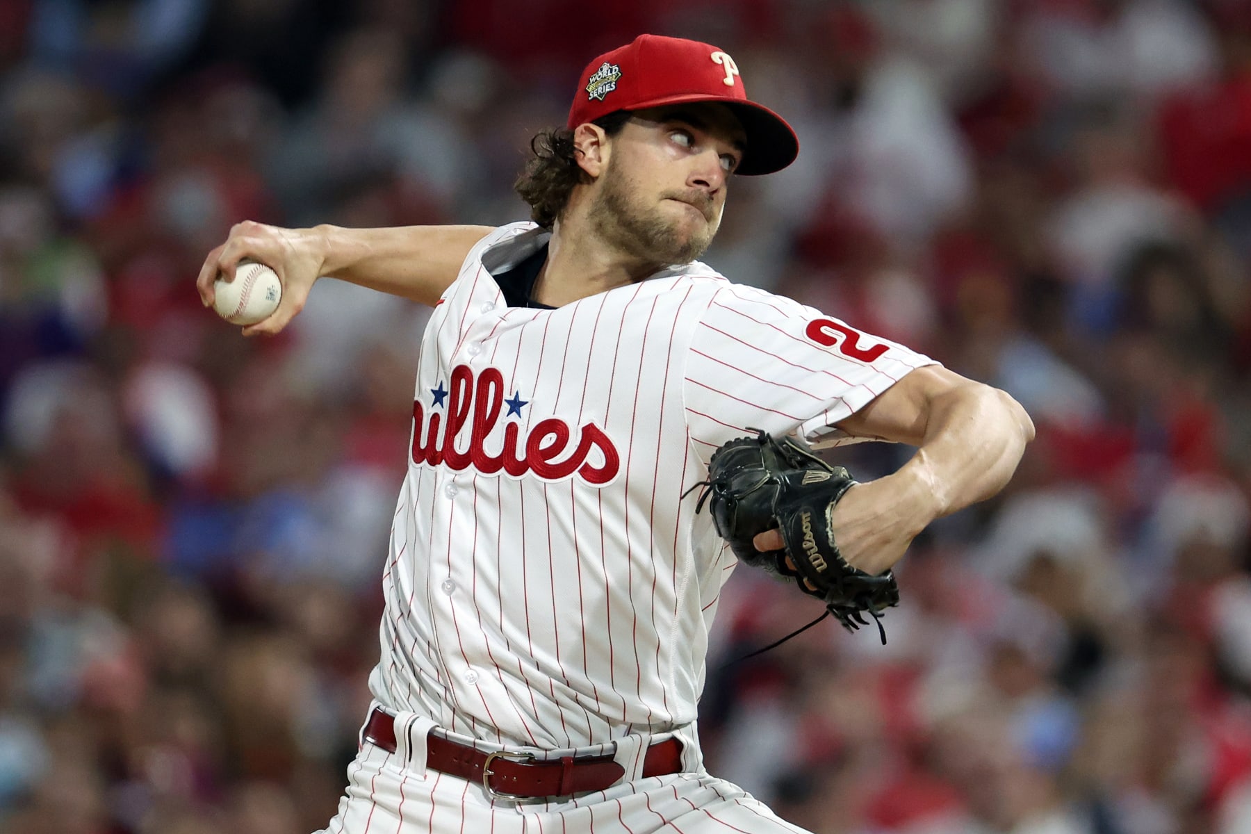 PHILADELPHIA, PENNSYLVANIA - NOVEMBER 02: Aaron Nola #27 of the Philadelphia Phillies delivers a pitch against the Houston Astros during the first inning in Game Four of the 2022 World Series at Citizens Bank Park on November 02, 2022 in Philadelphia, Pennsylvania. (Photo by Al Bello/Getty Images)