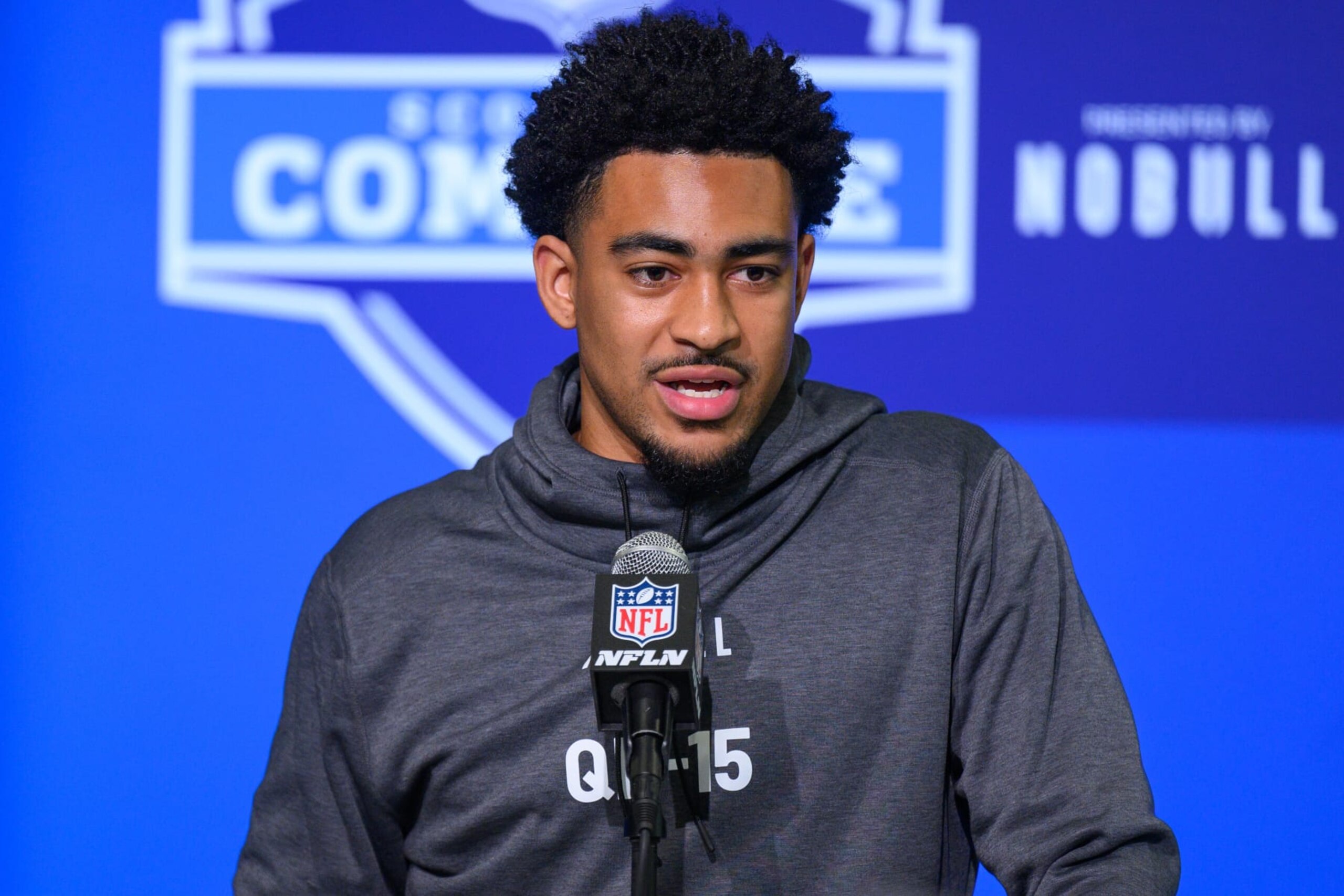 INDIANAPOLIS, IN - MARCH 03: Alabama quarterback Bryce Young answers questions from the media during the NFL Scouting Combine on March 3, 2023, at the Indiana Convention Center in Indianapolis, IN. (Photo by Zach Bolinger/Icon Sportswire via Getty Images)