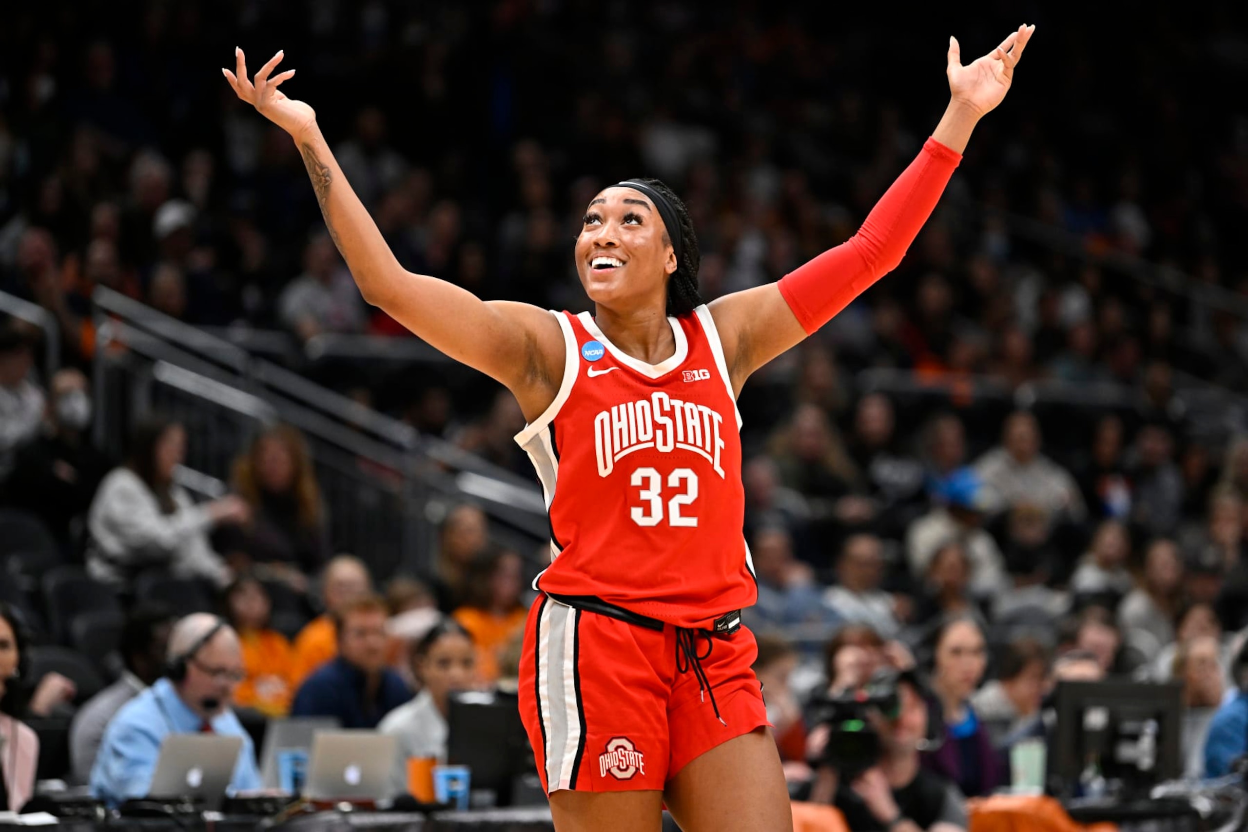 SEATTLE, WASHINGTON - MARCH 25: Cotie McMahon #32 of the Ohio State Buckeyes reacts during the second quarter against the UConn Huskies in the Sweet 16 round of the NCAA Women's Basketball Tournament at Climate Pledge Arena on March 25, 2023 in Seattle, Washington. (Photo by Alika Jenner/Getty Images)