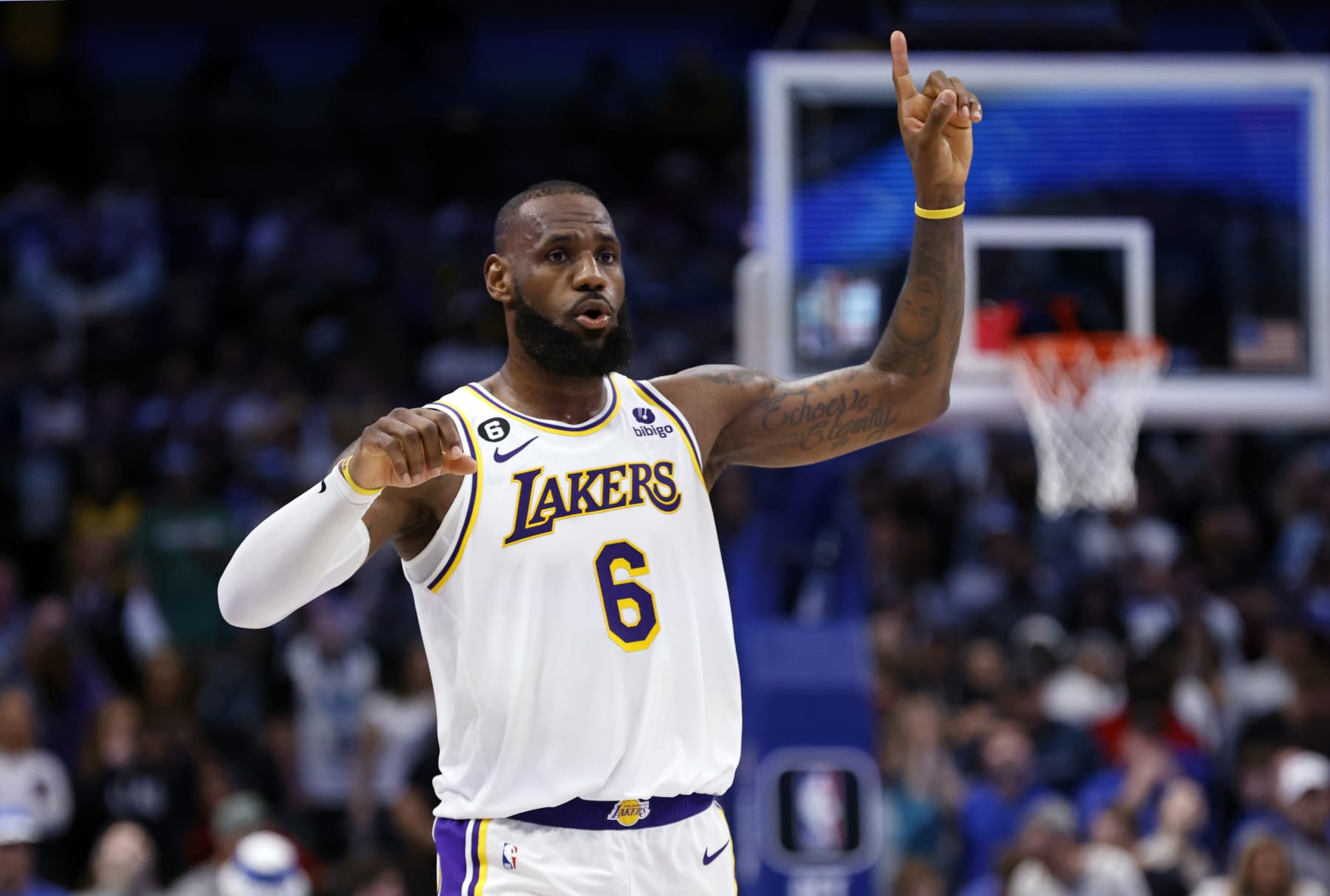 DALLAS, TX - FEBRUARY 26 :  LeBron James #6 of the Los Angeles Lakers reacts against the Dallas Mavericks for a rebound in the first half at American Airlines Center on February 26, 2023 in Dallas, Texas. NOTE TO USER: User expressly acknowledges and agrees that, by downloading and or using this photograph, User is consenting to the terms and conditions of the Getty Images License Agreement. (Photo by Ron Jenkins/Getty Images)