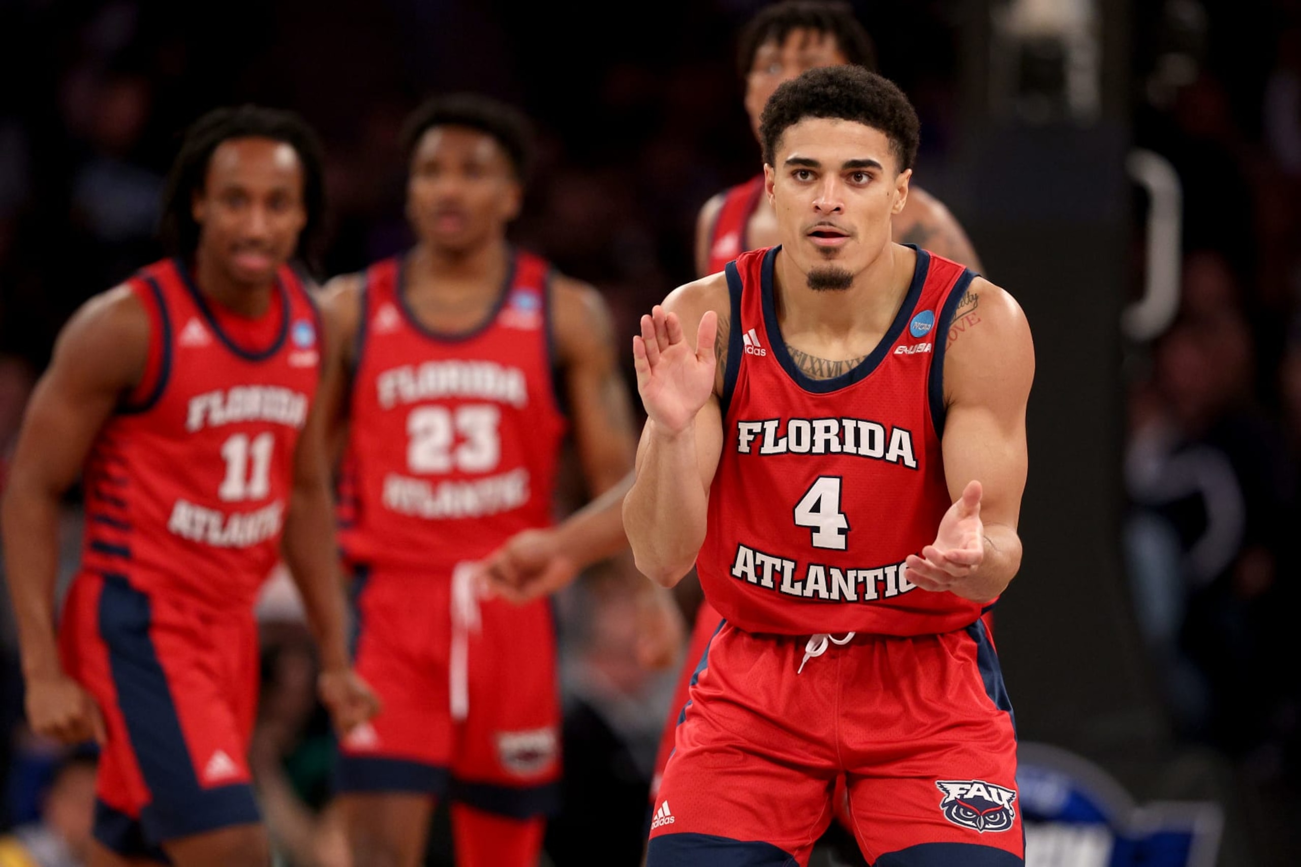 NEW YORK, NEW YORK - MARCH 25: Bryan Greenlee #4 of the Florida Atlantic Owls celebrates a basket against the Kansas State Wildcats during the second half in the Elite Eight round game of the NCAA Men's Basketball Tournament at Madison Square Garden on March 25, 2023 in New York City. (Photo by Elsa/Getty Images) NEW YORK, NEW YORK - MARCH 25: Bryan Greenlee #4 of the Florida Atlantic Owls celebrates a basket against the Kansas State Wildcats during the second half in the Elite Eight round game of the NCAA Men's Basketball Tournament at Madison Square Garden on March 25, 2023 in New York City. (Photo by Elsa/Getty Images)