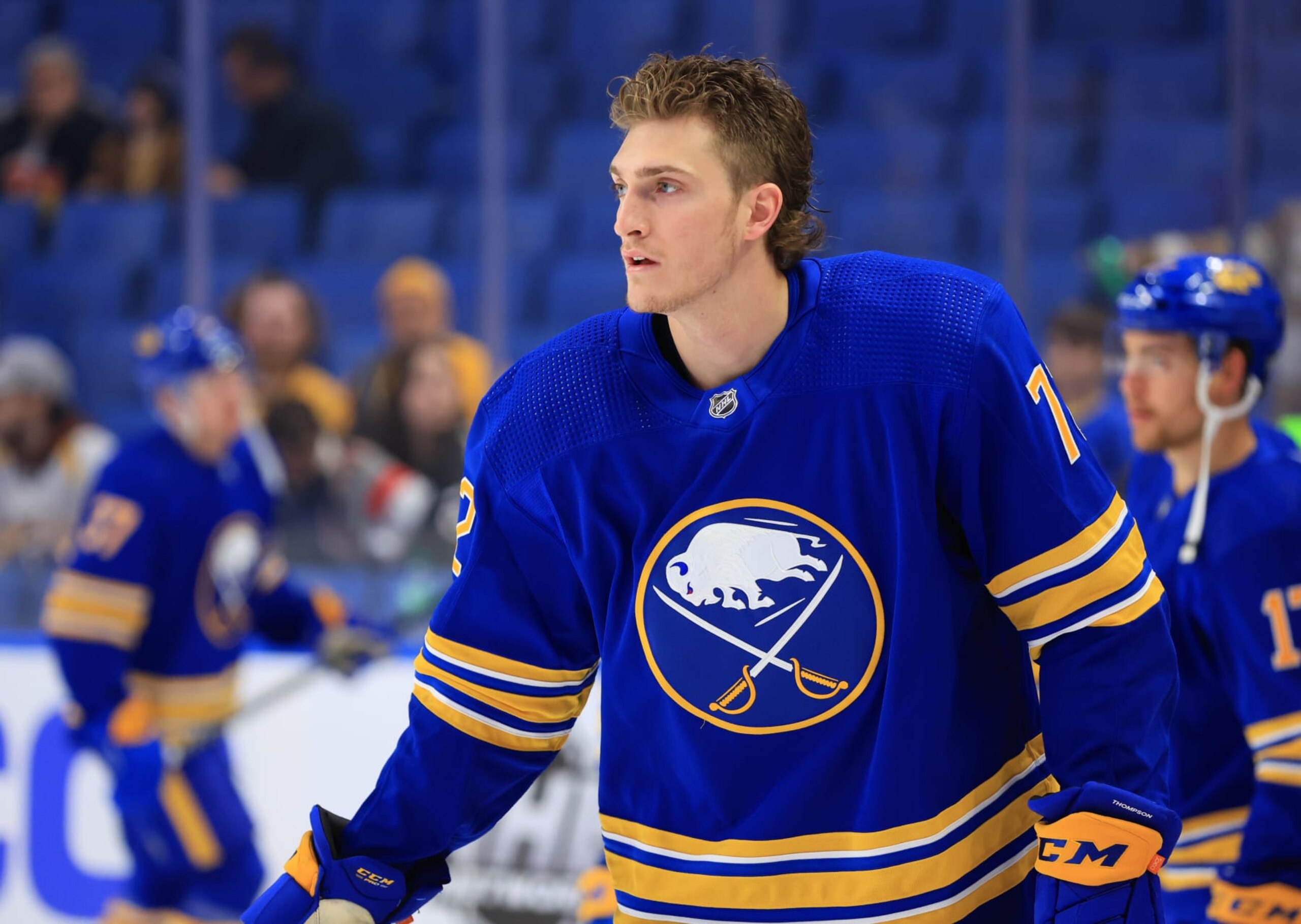 BUFFALO, NY - MARCH 21: Tage Thompson #72 of the Buffalo Sabres warms up before an NHL game against the Nashville Predators on March 21, 2023 at KeyBank Center in Buffalo, New York. (Photo by Bill Wippert/NHLI via Getty Images)