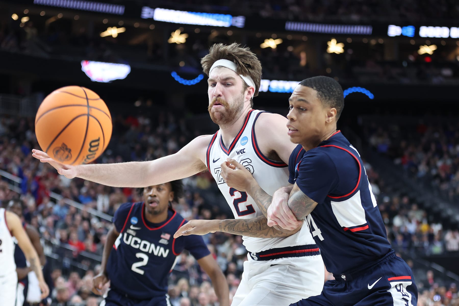 LAS VEGAS, NEVADA - MARCH 25: Drew Timme #2 of the Gonzaga Bulldogs competes for the ball with Jordan Hawkins #24 of the Connecticut Huskies during the first half in the Elite Eight round of the NCAA Men's Basketball Tournament at T-Mobile Arena on March 25, 2023 in Las Vegas, Nevada. (Photo by Sean M. Haffey/Getty Images)