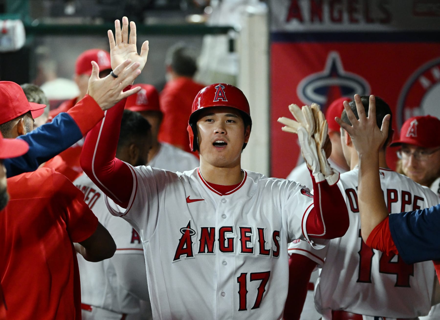 ANAHEIM, CA - SEPTEMBER 28: Los Angeles Angels designated hitter Shohei Ohtani (17) in the dugout after scoring on a hit in the fourth inning of an MLB baseball game against the Oakland Athletics played on September 28, 2022 at Angel Stadium in Anaheim, CA. (Photo by John Cordes/Icon Sportswire via Getty Images)
