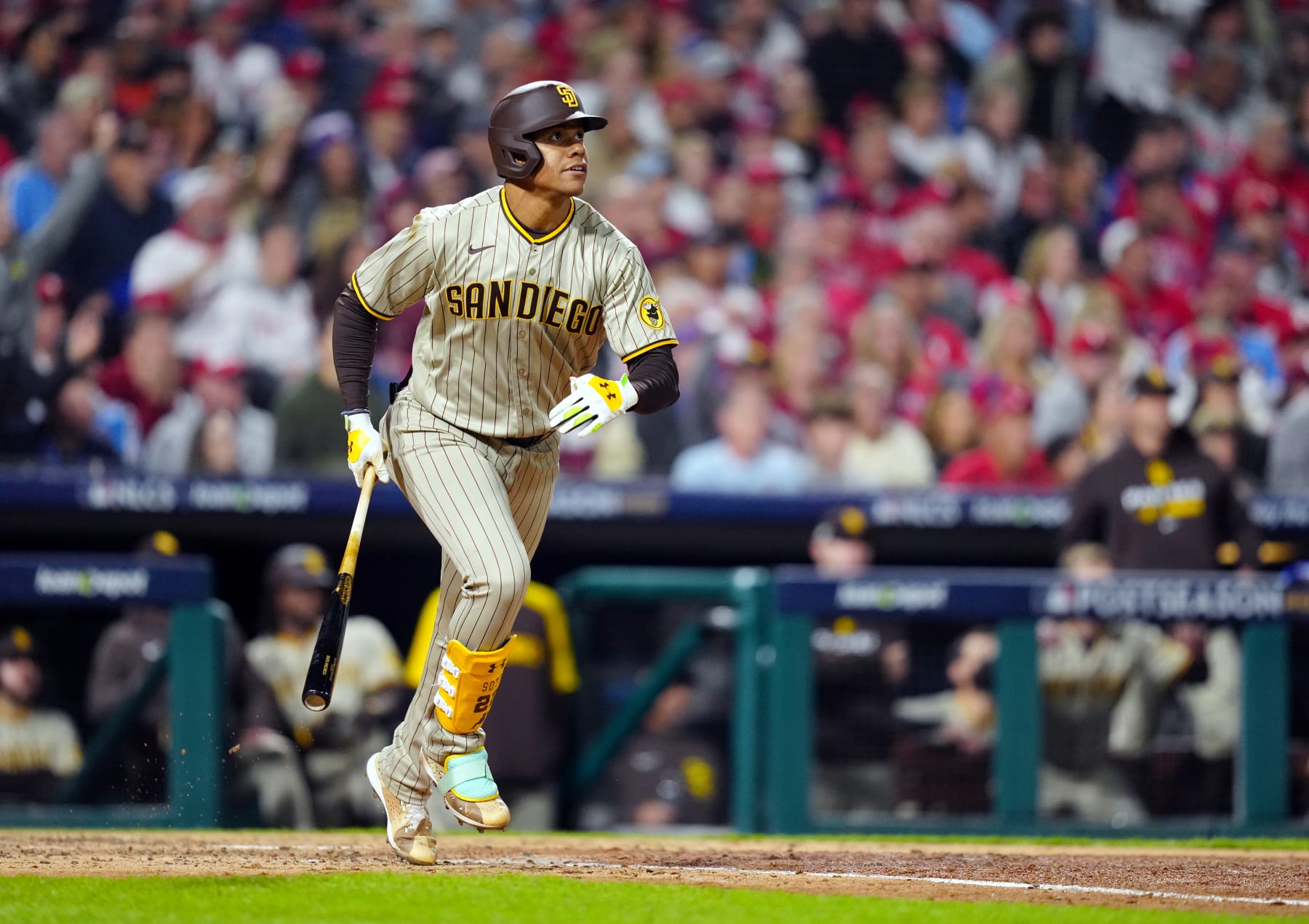 PHILADELPHIA, PA - OCTOBER 22: Juan Soto #22 of the San Diego Padres hits a two-run home run in the fifth inning of Game 4 of the NLCS between the San Diego Padres and the Philadelphia Phillies at Citizens Bank Park on Saturday, October 22, 2022 in Philadelphia, Pennsylvania. (Photo by Daniel Shirey/MLB Photos via Getty Images)
