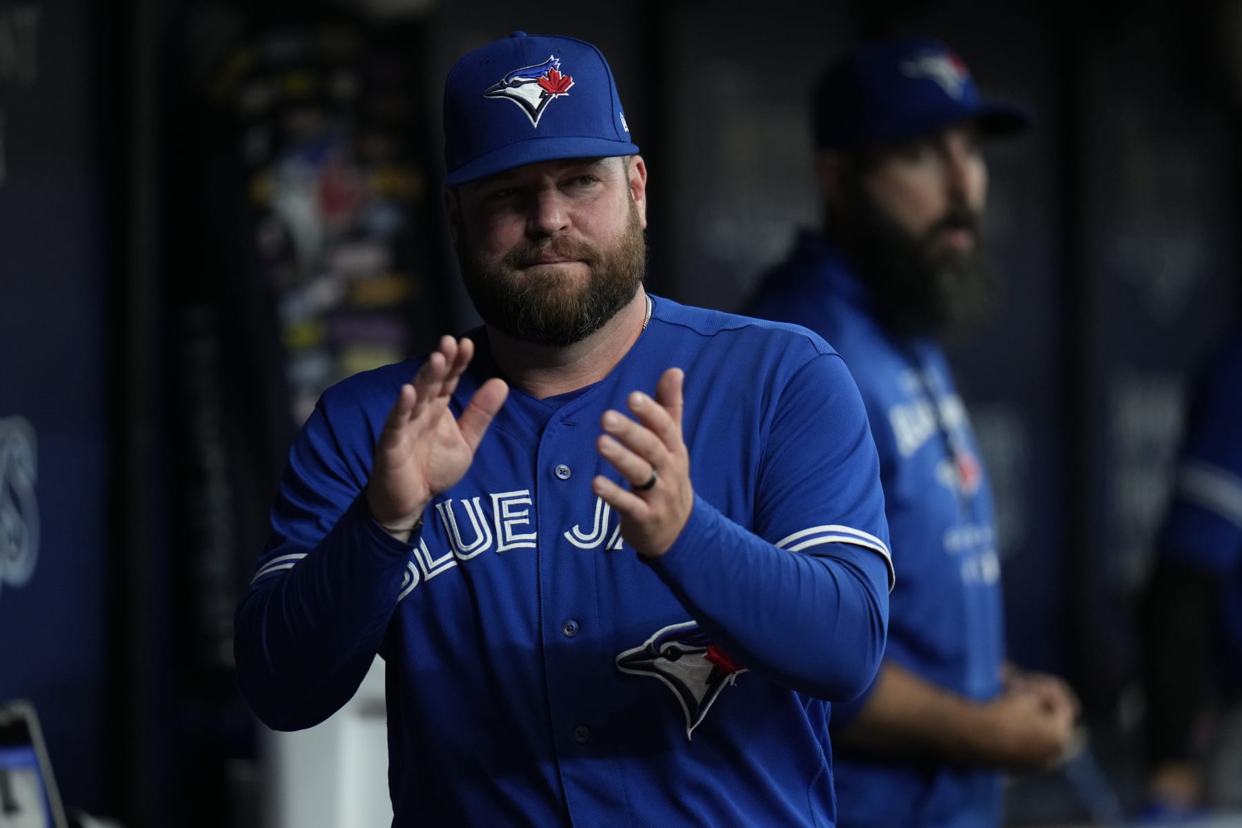 Toronto Blue Jays interim manager John Schneider during the first inning of a baseball game against the Tampa Bay Rays Tuesday, Aug. 2, 2022, in St. Petersburg, Fla. (AP Photo/Chris O'Meara)
