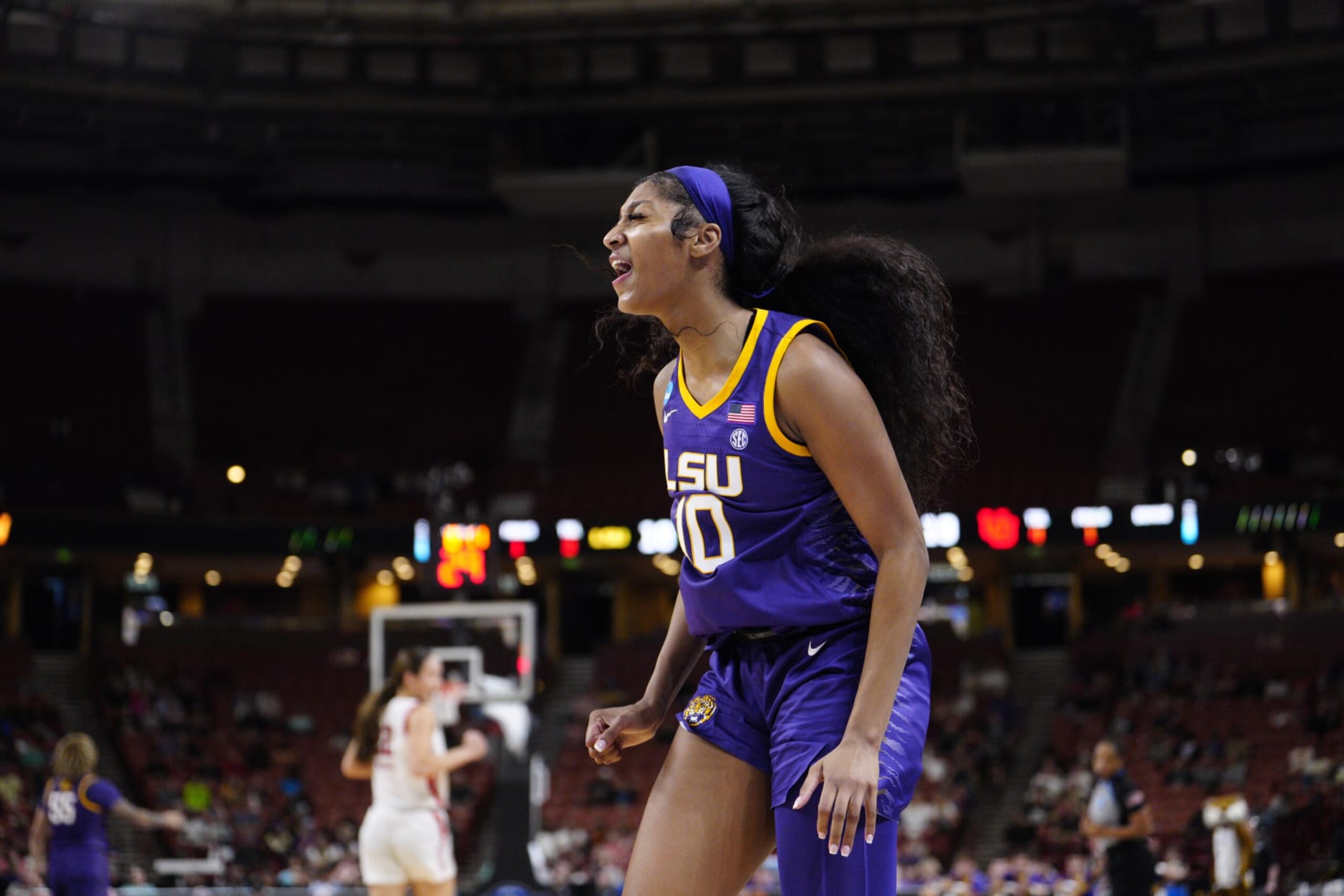 GREENVILLE, SC - MARCH 24: Angel Reese #10 of the LSU Tigers celebrates after a made basket during the Sweet Sixteen round of the 2023 NCAA Womens Basketball Tournament held at Bon Secours Wellness Arena on March 24, 2023 in Greenville, South Carolina. (Photo by Jacob Kupferman/NCAA Photos via Getty Images) GREENVILLE, SC - MARCH 24: Angel Reese #10 of the LSU Tigers celebrates after a made basket during the Sweet Sixteen round of the 2023 NCAA Womens Basketball Tournament held at Bon Secours Wellness Arena on March 24, 2023 in Greenville, South Carolina. (Photo by Jacob Kupferman/NCAA Photos via Getty Images)