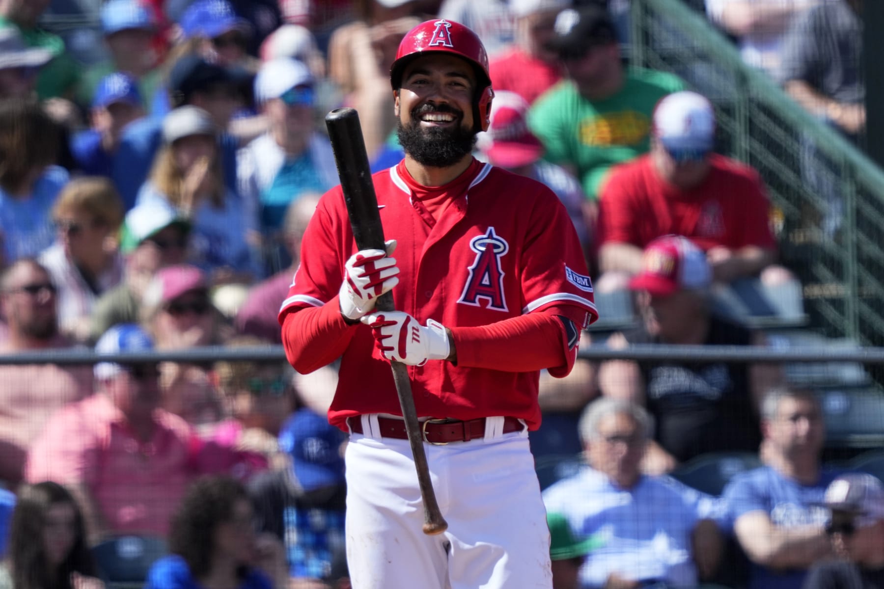 Los Angeles Angels' Anthony Rendon smiles during his at-bat during the fourth inning of a spring training baseball game against the Kansas City Royals, Friday, March 17, 2023, in Tempe, Ariz. (AP Photo/Matt York)