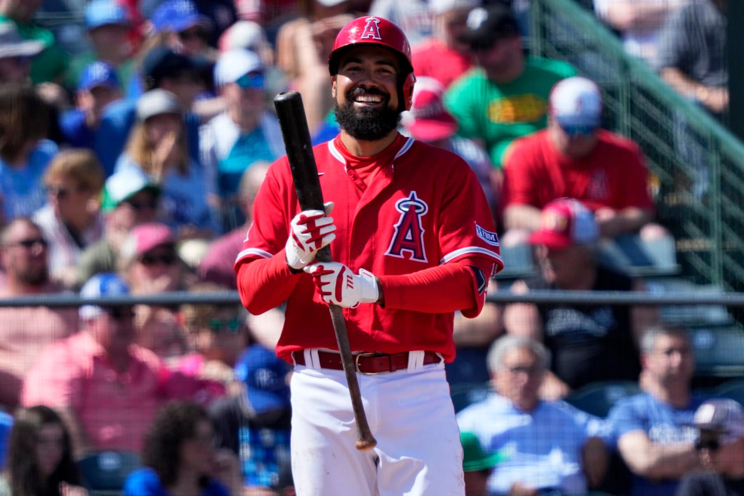 Los Angeles Angels' Anthony Rendon smiles during his at-bat during the fourth inning of a spring training baseball game against the Kansas City Royals, Friday, March 17, 2023, in Tempe, Ariz. (AP Photo/Matt York)