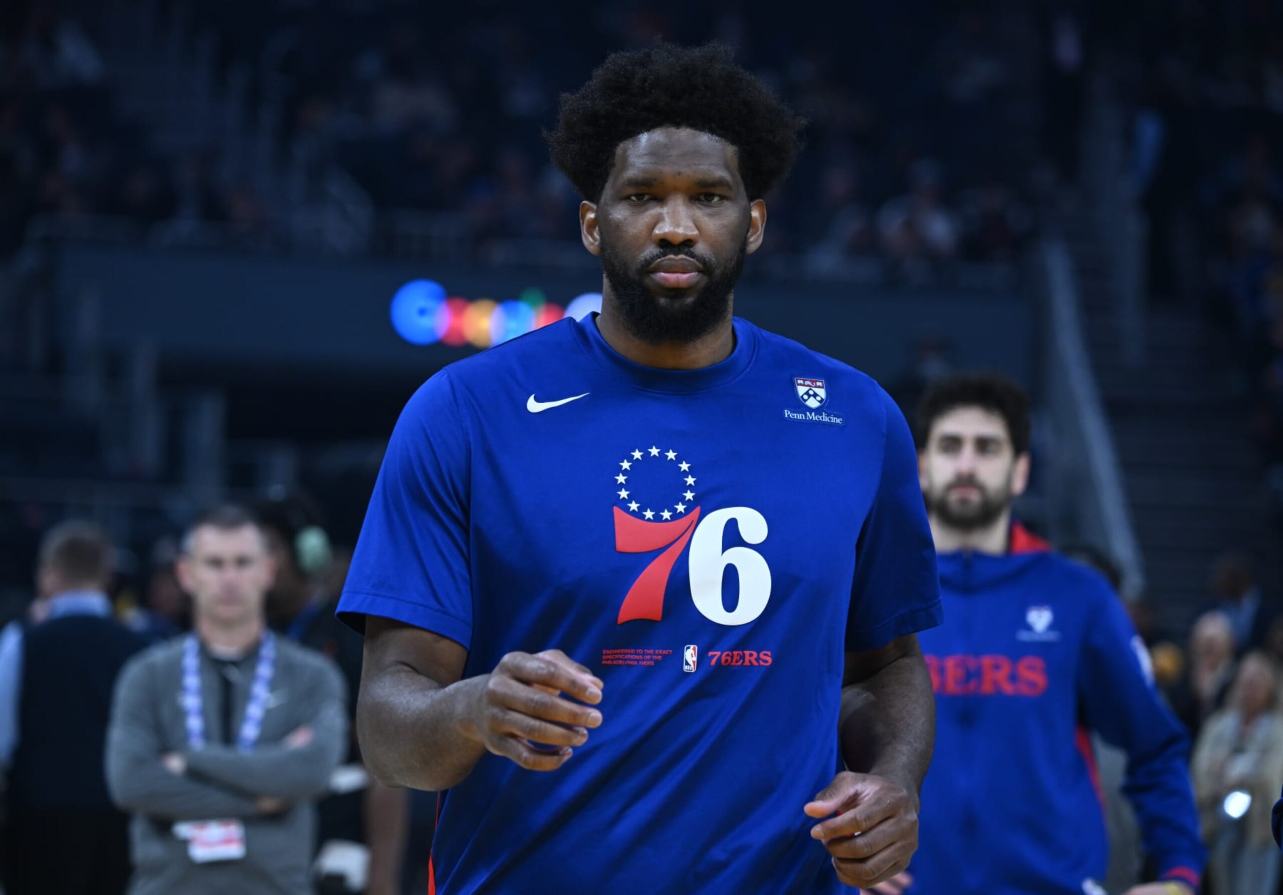 SAN FRANCISCO, CA - MARCH 24: Joel Embiid of Philadelphia 76ers warms up before the NBA game between Philadelphia 76ers and Golden State Warriors at the Chase Center on March 24, 2023 in San Francisco, California, United States. (Photo by Tayfun Coskun/Anadolu Agency via Getty Images)