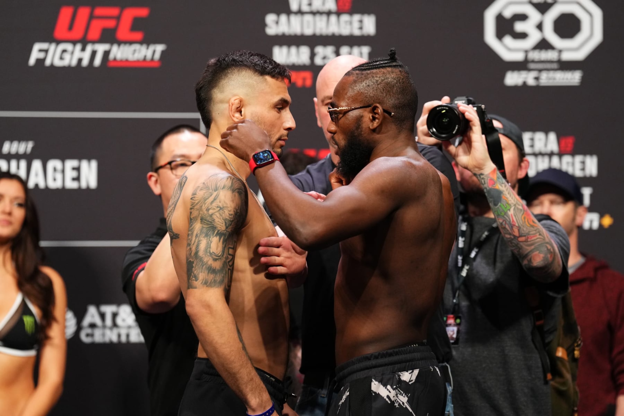 SAN ANTONIO, TEXAS - MARCH 24:  (L-R) Alex Perez and Manel Kape of Angola face off during the UFC Fight Night ceremonial weigh-in at AT&T Center on March 24, 2023 in San Antonio, Texas. (Photo by Josh Hedges/Zuffa LLC)