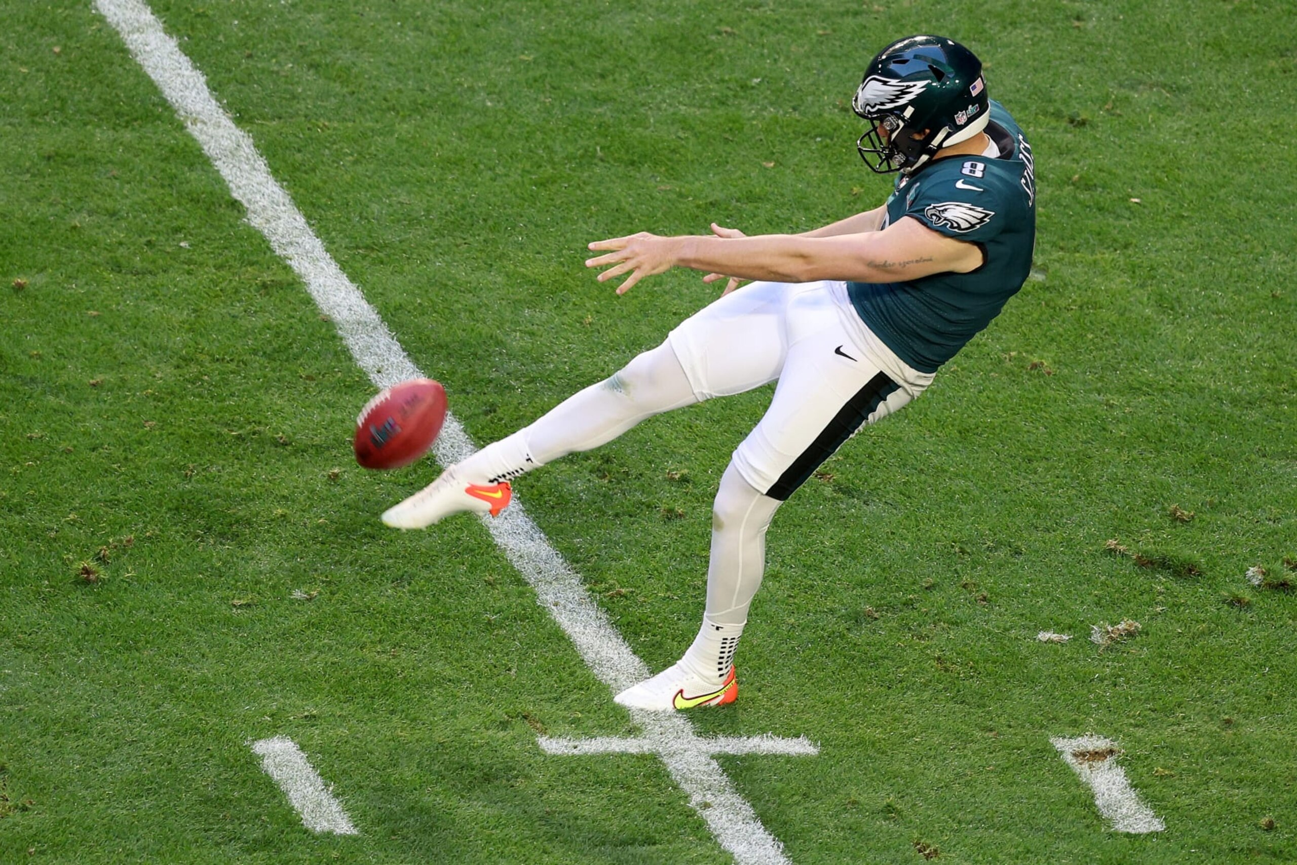 Philadelphia's Arryn Siposs punts the ball during the first quarter of Super Bowl LVII on February 12.