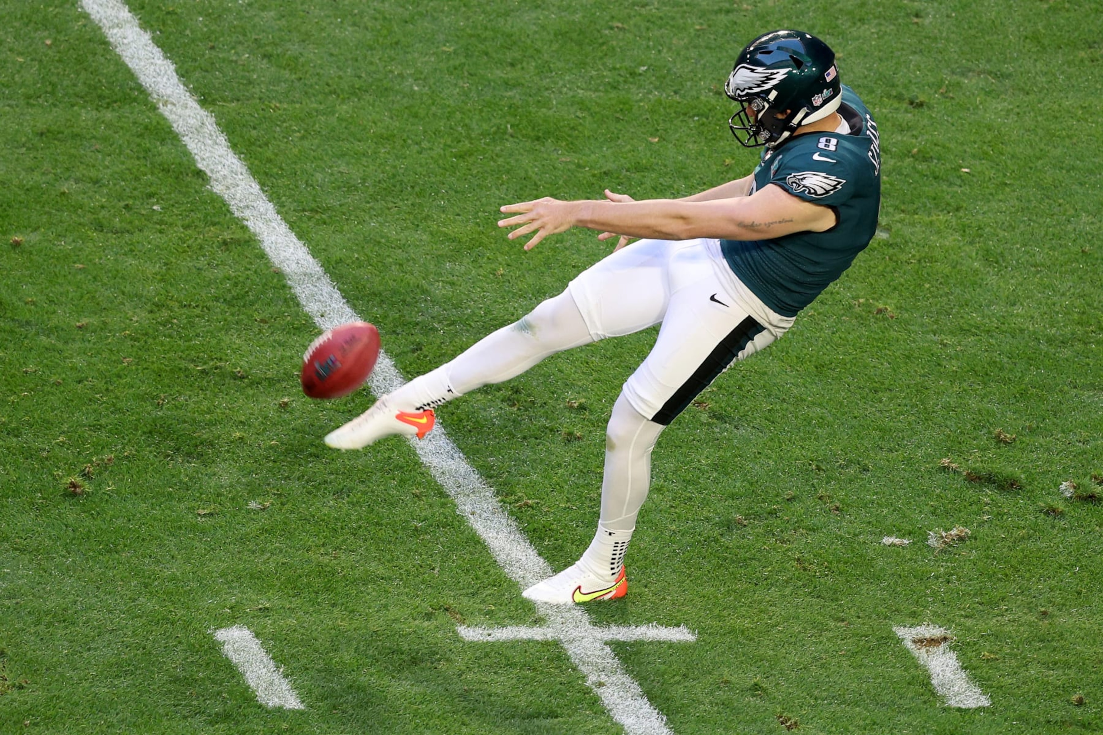 Philadelphia's Arryn Siposs punts the ball during the first quarter of Super Bowl LVII on February 12.