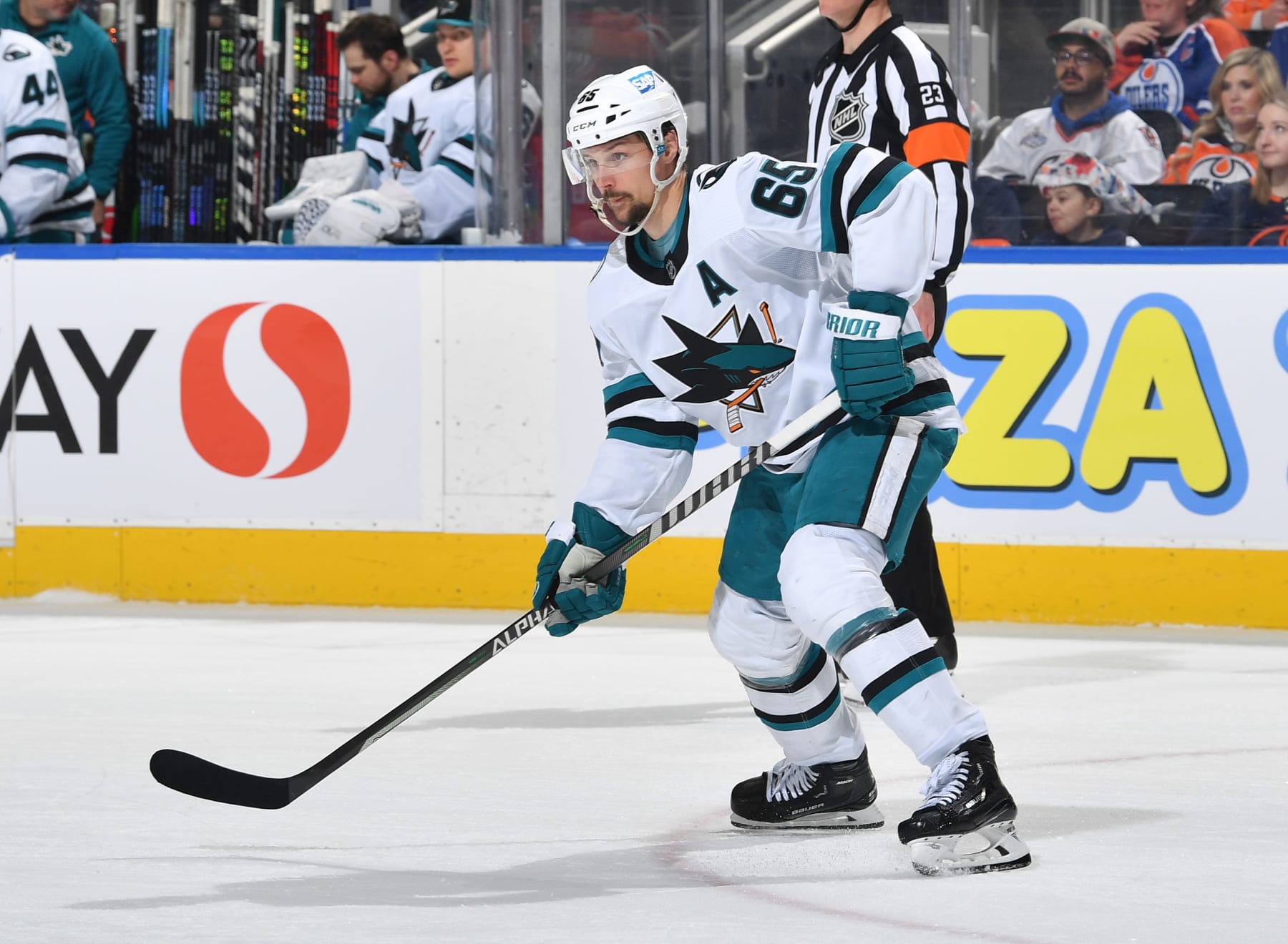 EDMONTON, CANADA - MARCH 20: Erik Karlsson #65 of the San Jose Sharks skates during the game against the Edmonton Oilers on March 20, 2023 at Rogers Place in Edmonton, Alberta, Canada. (Photo by Andy Devlin/NHLI via Getty Images)