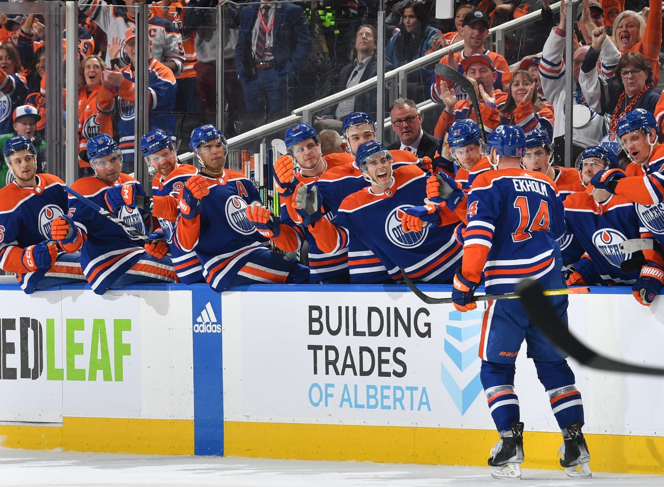 EDMONTON, CANADA - MARCH 20: Mattias Ekholm #14 of the Edmonton Oilers celebrates his second goal of the game in the third period against the San Jose Sharks with his teammates at the bench on March 20, 2023 at Rogers Place in Edmonton, Alberta, Canada. (Photo by Andy Devlin/NHLI via Getty Images)