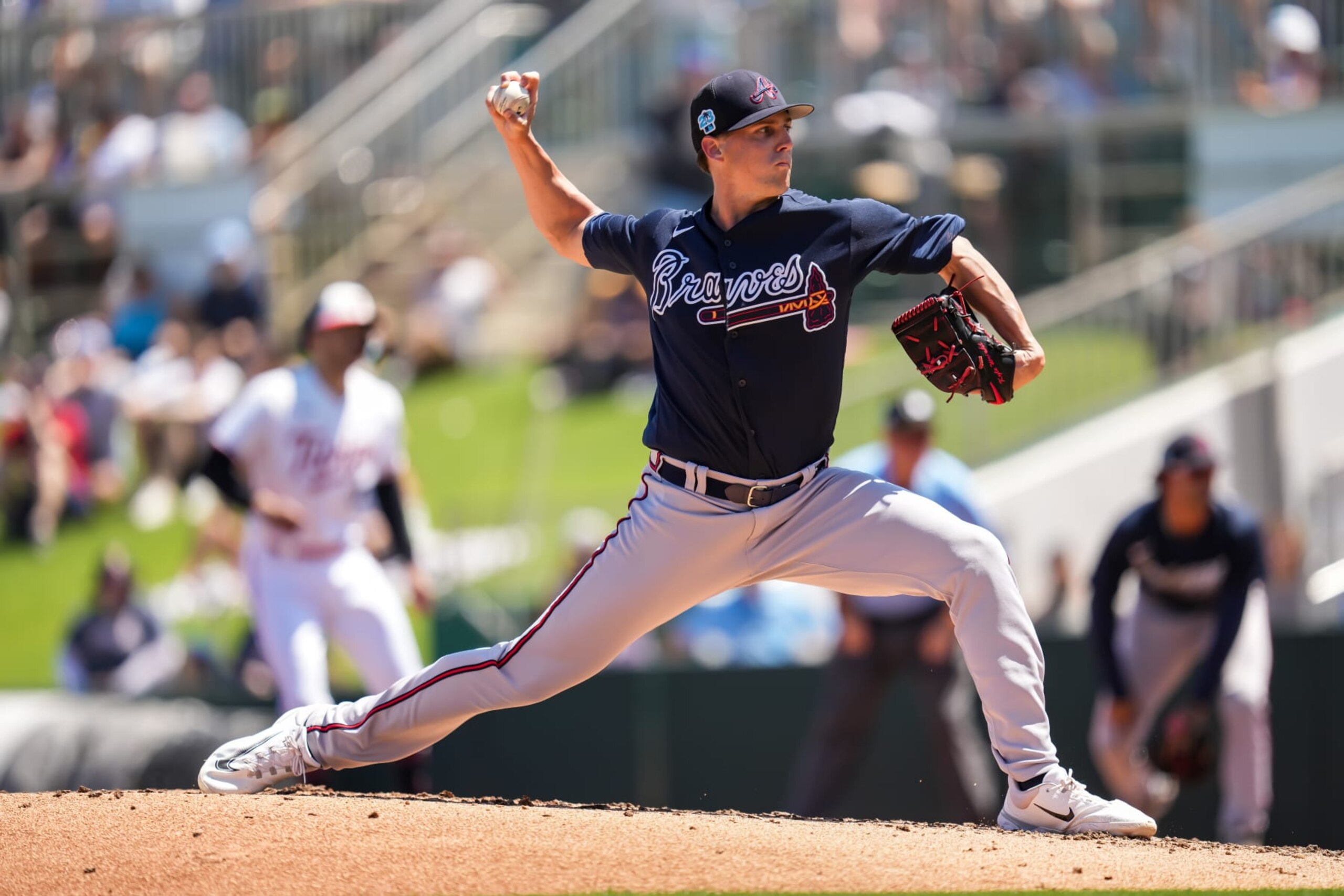 Kyle Wright pitches for the Atlanta Braves during a spring training game against the Minnesota Twins on March 25 at Hammond Stadium in Fort Myers, Florida. 