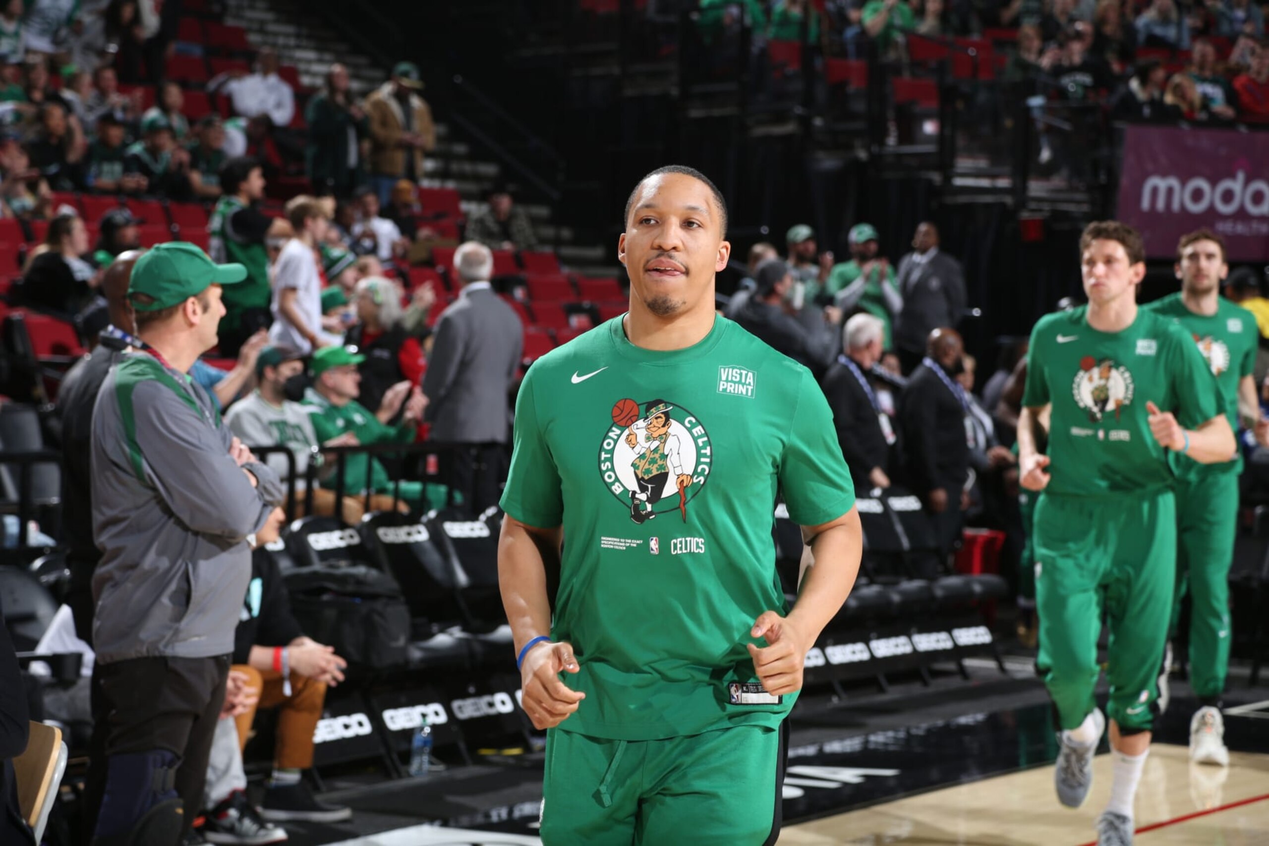 PORTLAND, OR - MARCH 17: Grant Williams #12 of the Boston Celtics looks on before the game against the Portland Trail Blazers on March 17, 2023 at the Moda Center Arena in Portland, Oregon. NOTE TO USER: User expressly acknowledges and agrees that, by downloading and or using this photograph, user is consenting to the terms and conditions of the Getty Images License Agreement. Mandatory Copyright Notice: Copyright 2023 NBAE (Photo by Sam Forencich/NBAE via Getty Images)
