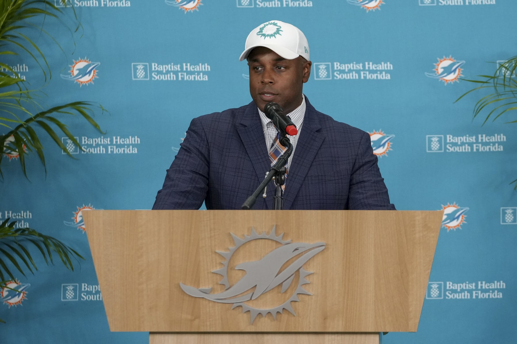 MIAMI GARDENS, FLORIDA - FEBRUARY 10: Miami Dolphins general manager Chris Grier talks to the media during a press conference  at Baptist Health Training Complex on February 10, 2022 in Miami Gardens, Florida. McDaniel will be replacing the Dolphins' former head coach Brian Flores, who was fired on January 10 after back-to-back winning seasons. (Photo by Eric Espada/Getty Images)