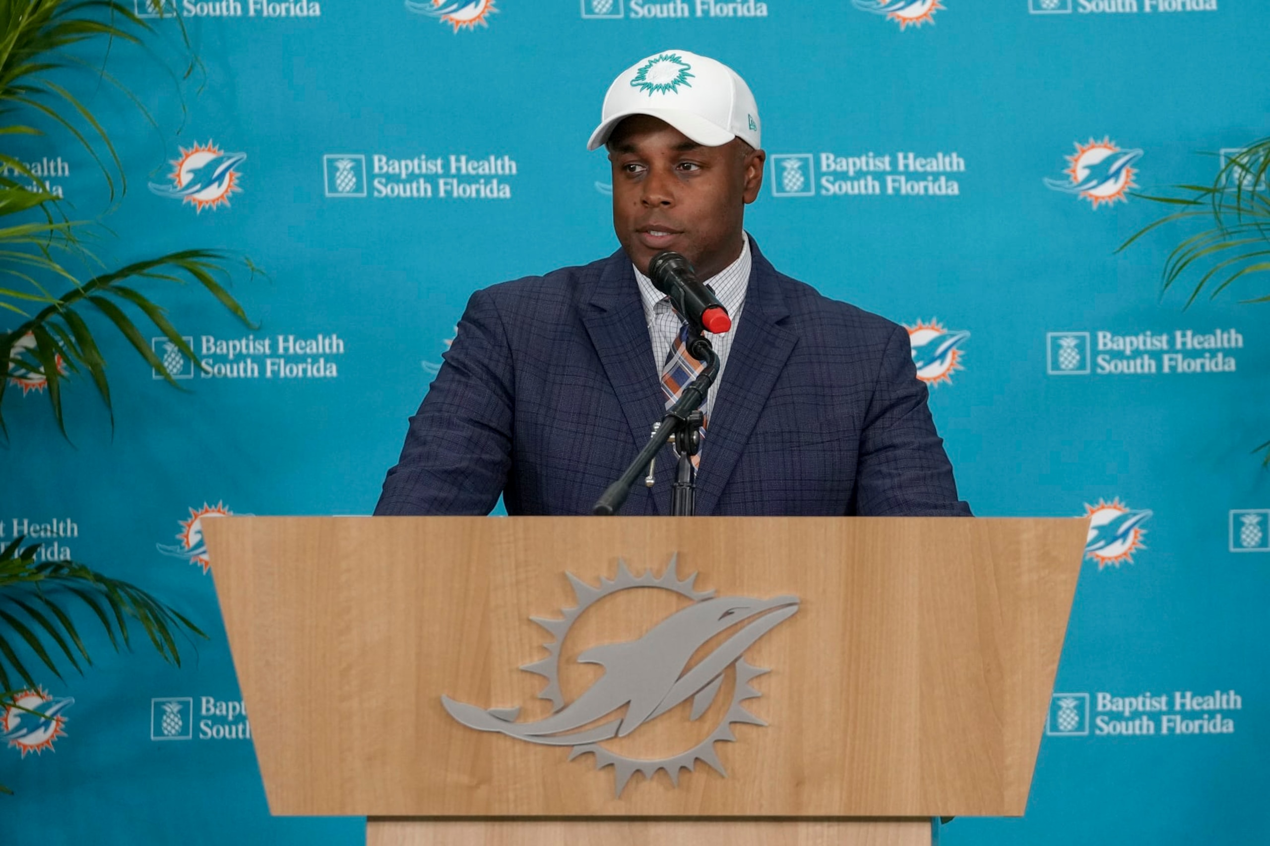MIAMI GARDENS, FLORIDA - FEBRUARY 10: Miami Dolphins general manager Chris Grier talks to the media during a press conference  at Baptist Health Training Complex on February 10, 2022 in Miami Gardens, Florida. McDaniel will be replacing the Dolphins' former head coach Brian Flores, who was fired on January 10 after back-to-back winning seasons. (Photo by Eric Espada/Getty Images)