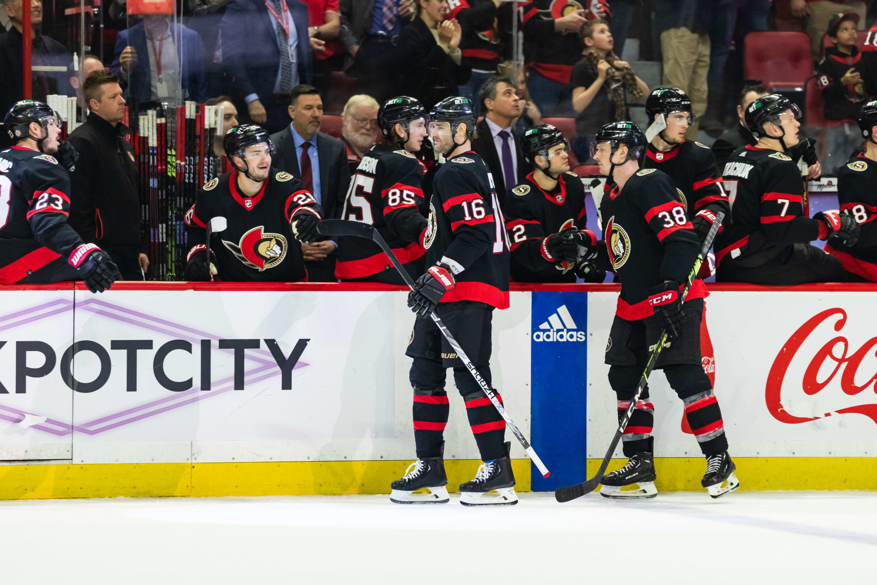OTTAWA, ON - MARCH 23: Ottawa Senators Right Wing Austin Watson (16) celebrates his goal followed by  Winger Patrick Brown (38) during third period National Hockey League action between the Tampa Bay Lightning and Ottawa Senators on March 23, 2023, at Canadian Tire Centre in Ottawa, ON, Canada. (Photo by Richard A. Whittaker/Icon Sportswire via Getty Images)