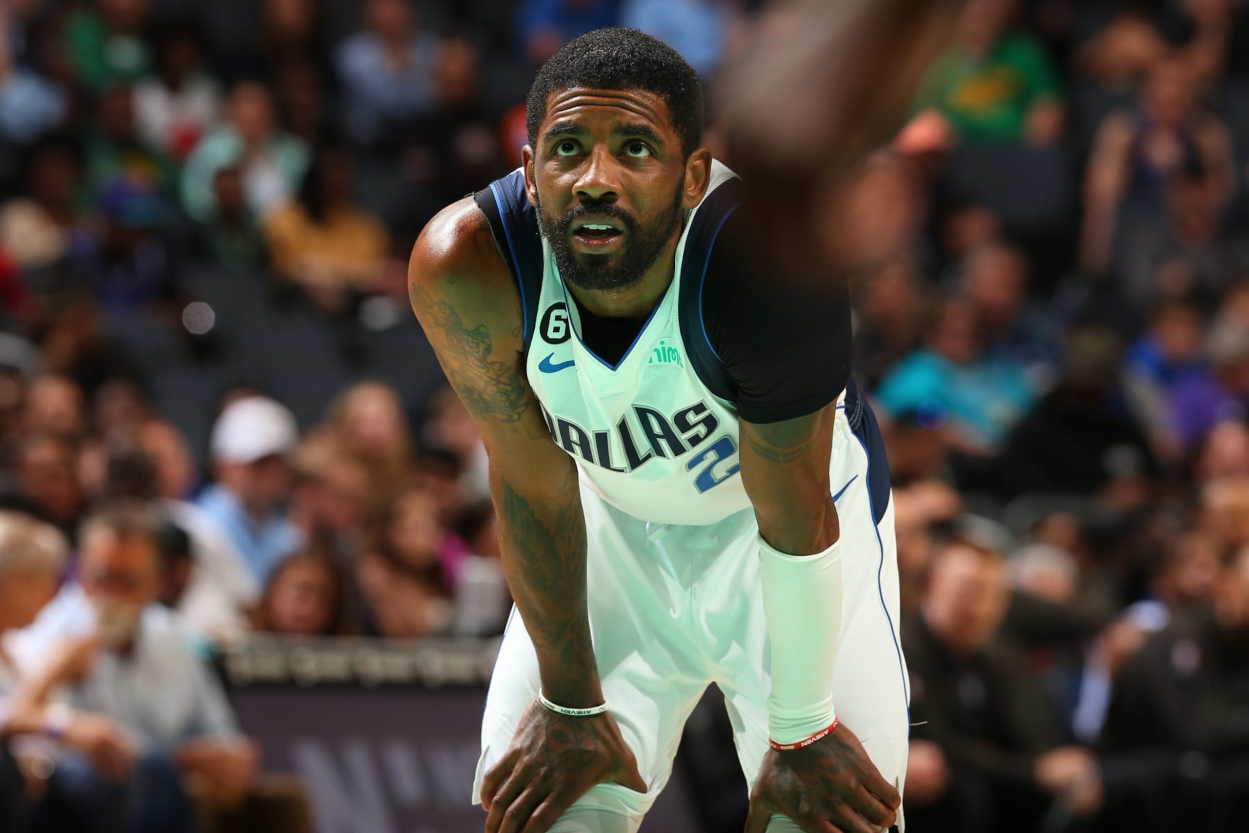 CHARLOTTE, NC - MARCH 26: Kyrie Irving #2 of the Dallas Mavericks looks on during the game against the Charlotte Hornets on March 26, 2023 at Spectrum Center in Charlotte, North Carolina. NOTE TO USER: User expressly acknowledges and agrees that, by downloading and or using this photograph, User is consenting to the terms and conditions of the Getty Images License Agreement. Mandatory Copyright Notice: Copyright 2023 NBAE (Photo by Kent Smith/NBAE via Getty Images)