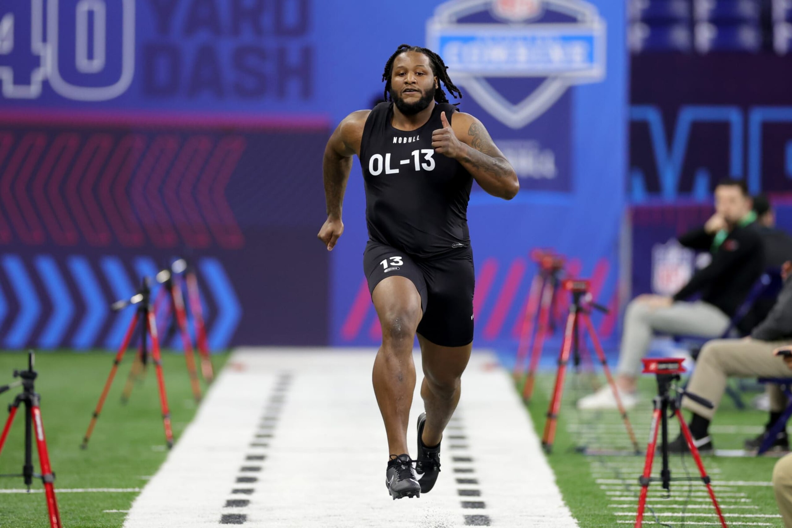 INDIANAPOLIS, INDIANA - MARCH 05: Jaelyn Duncan of Maryland participates in the 40-yard dash during the NFL Combine at Lucas Oil Stadium on March 05, 2023 in Indianapolis, Indiana. (Photo by Stacy Revere/Getty Images)