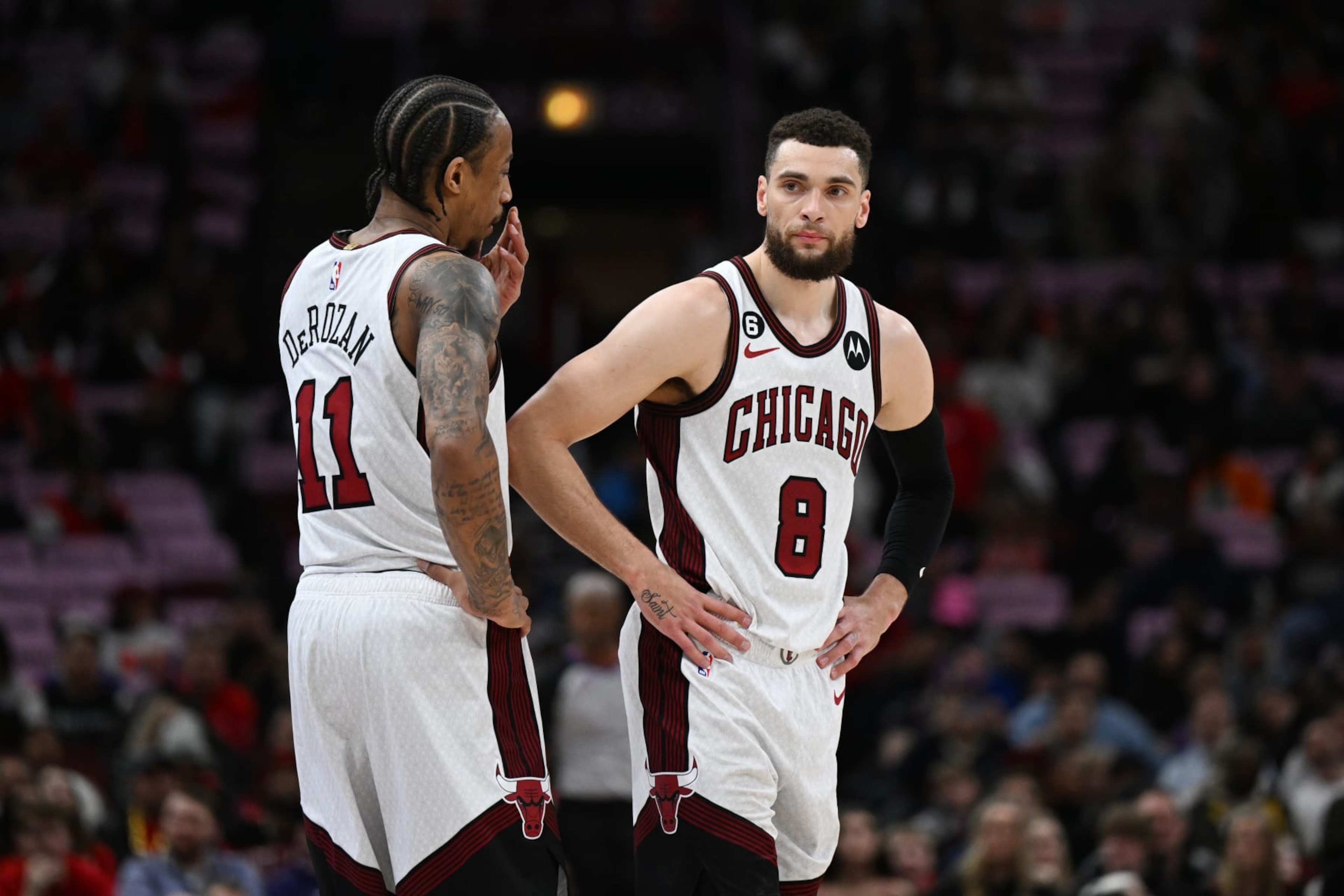 CHICAGO, ILLINOIS - MARCH 03: Zach LaVine #8 and DeMar DeRozan #11 of the Chicago Bulls during during the game against the Phoenix Suns at United Center on March 03, 2023 in Chicago, Illinois.  NOTE TO USER: User expressly acknowledges and agrees that, by downloading and or using this photograph, User is consenting to the terms and conditions of the Getty Images License Agreement.  (Photo by Quinn Harris/Getty Images)