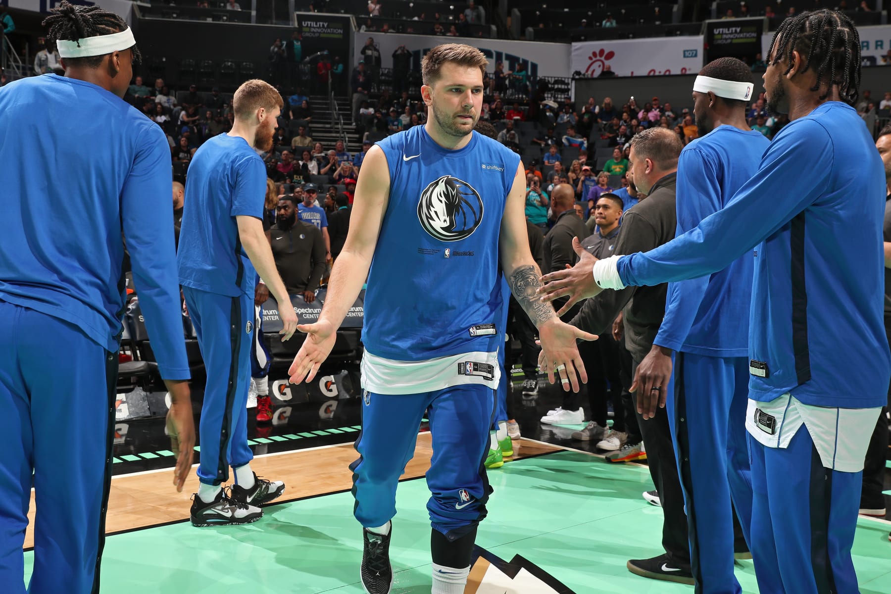 CHARLOTTE, NC - MARCH 26: Luka Doncic #77 of the Dallas Mavericks is introduced before the game against the Charlotte Hornets on March 26, 2023 at Spectrum Center in Charlotte, North Carolina. NOTE TO USER: User expressly acknowledges and agrees that, by downloading and or using this photograph, User is consenting to the terms and conditions of the Getty Images License Agreement. Mandatory Copyright Notice: Copyright 2023 NBAE (Photo by Kent Smith/NBAE via Getty Images)