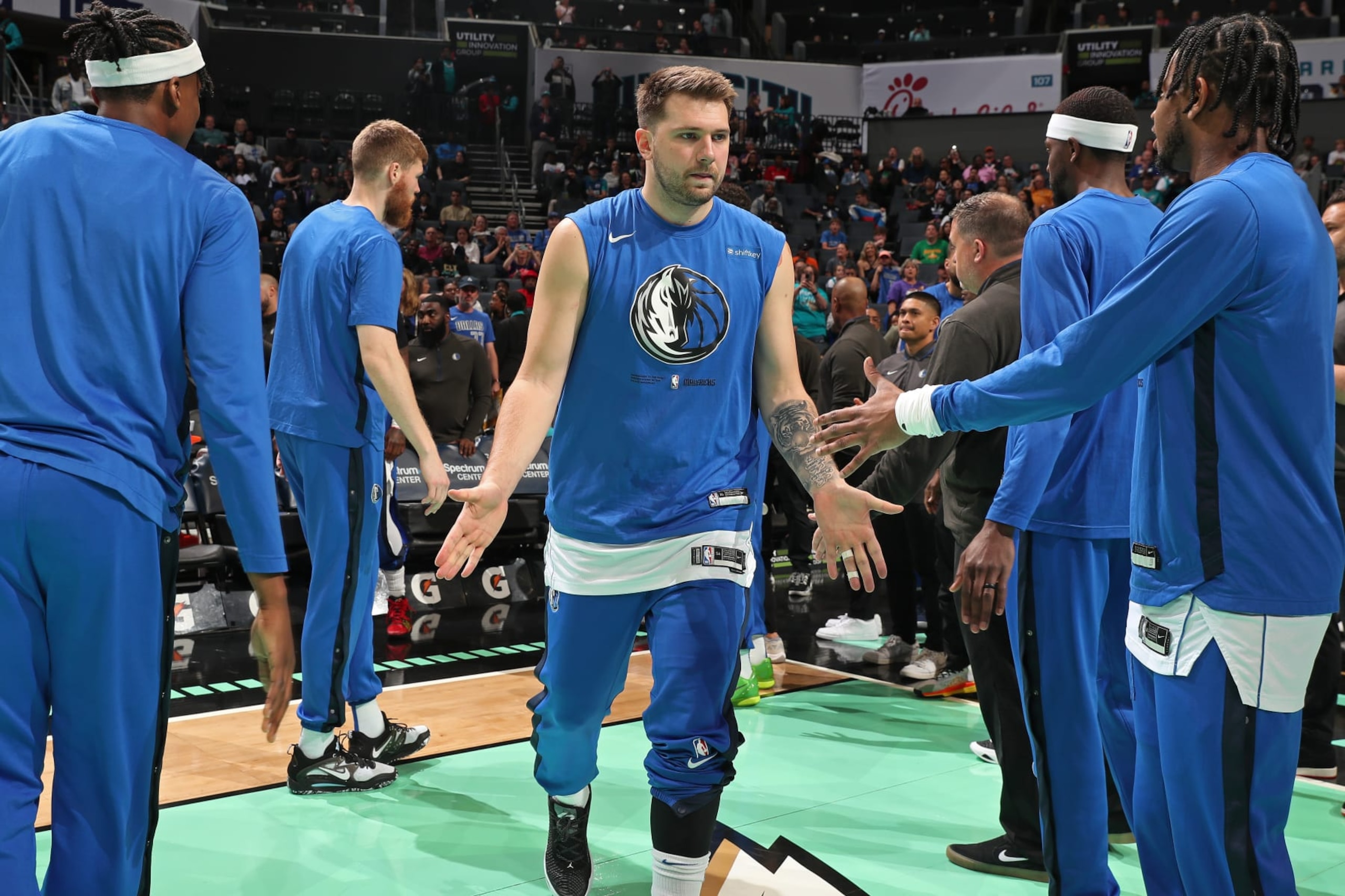 CHARLOTTE, NC - MARCH 26: Luka Doncic #77 of the Dallas Mavericks is introduced before the game against the Charlotte Hornets on March 26, 2023 at Spectrum Center in Charlotte, North Carolina. NOTE TO USER: User expressly acknowledges and agrees that, by downloading and or using this photograph, User is consenting to the terms and conditions of the Getty Images License Agreement. Mandatory Copyright Notice: Copyright 2023 NBAE (Photo by Kent Smith/NBAE via Getty Images)