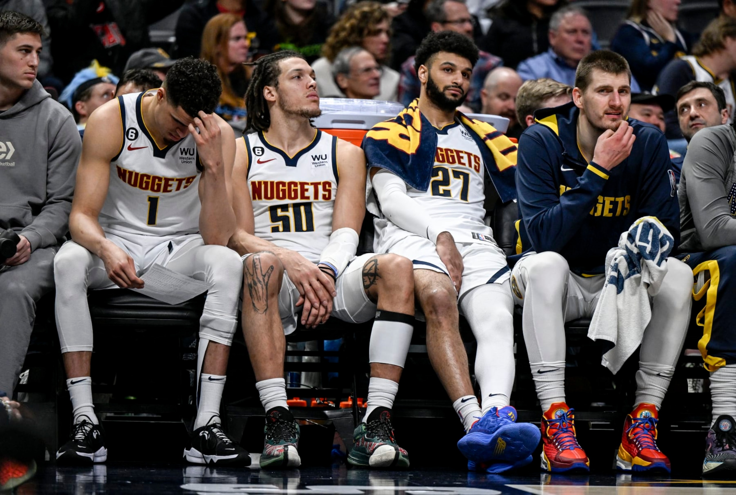 DENVER, CO - MARCH 8: Michael Porter Jr. (1), Aaron Gordon (50), Jamal Murray (27) and Nikola Jokic (15) of the Denver Nuggets sit on the bench against the Chicago Bulls during the fourth quarter of Chicagos 117-96 win at Ball Arena in Denver on Wednesday, March 8, 2023. (Photo by AAron Ontiveroz/MediaNews Group/The Denver Post via Getty Images)