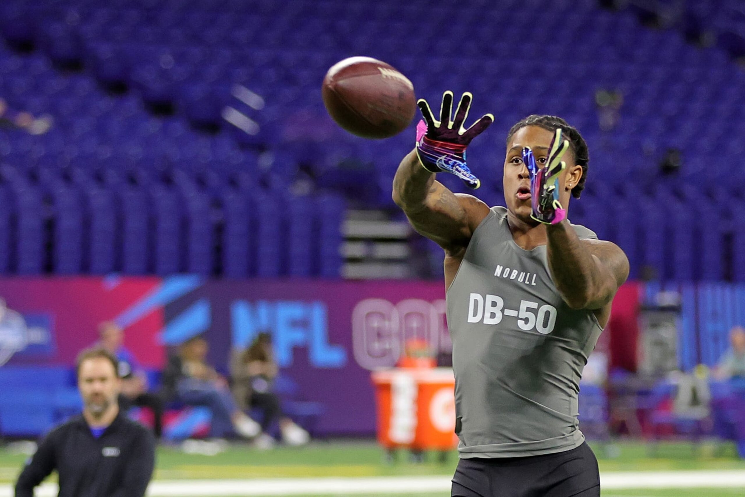 INDIANAPOLIS, INDIANA - MARCH 03: Defensive back Antonio Johnson of Texas A&M participates in a drill during the NFL Combine during the NFL Combine at Lucas Oil Stadium on March 03, 2023 in Indianapolis, Indiana. (Photo by Stacy Revere/Getty Images)