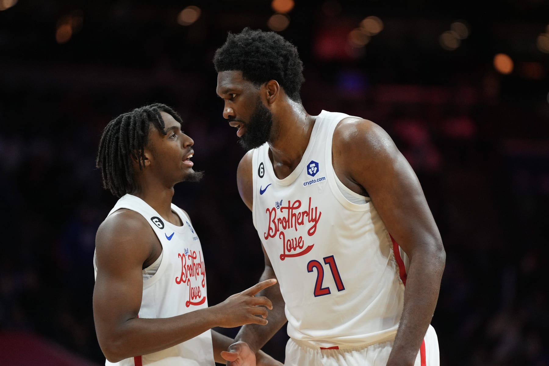 PHILADELPHIA, PA - NOVEMBER 13: Tyrese Maxey #0 of the Philadelphia 76ers talks to Joel Embiid #21 against the Utah Jazz at the Wells Fargo Center on November 13, 2022 in Philadelphia, Pennsylvania. NOTE TO USER: User expressly acknowledges and agrees that, by downloading and or using this photograph, User is consenting to the terms and conditions of the Getty Images License Agreement. (Photo by Mitchell Leff/Getty Images)