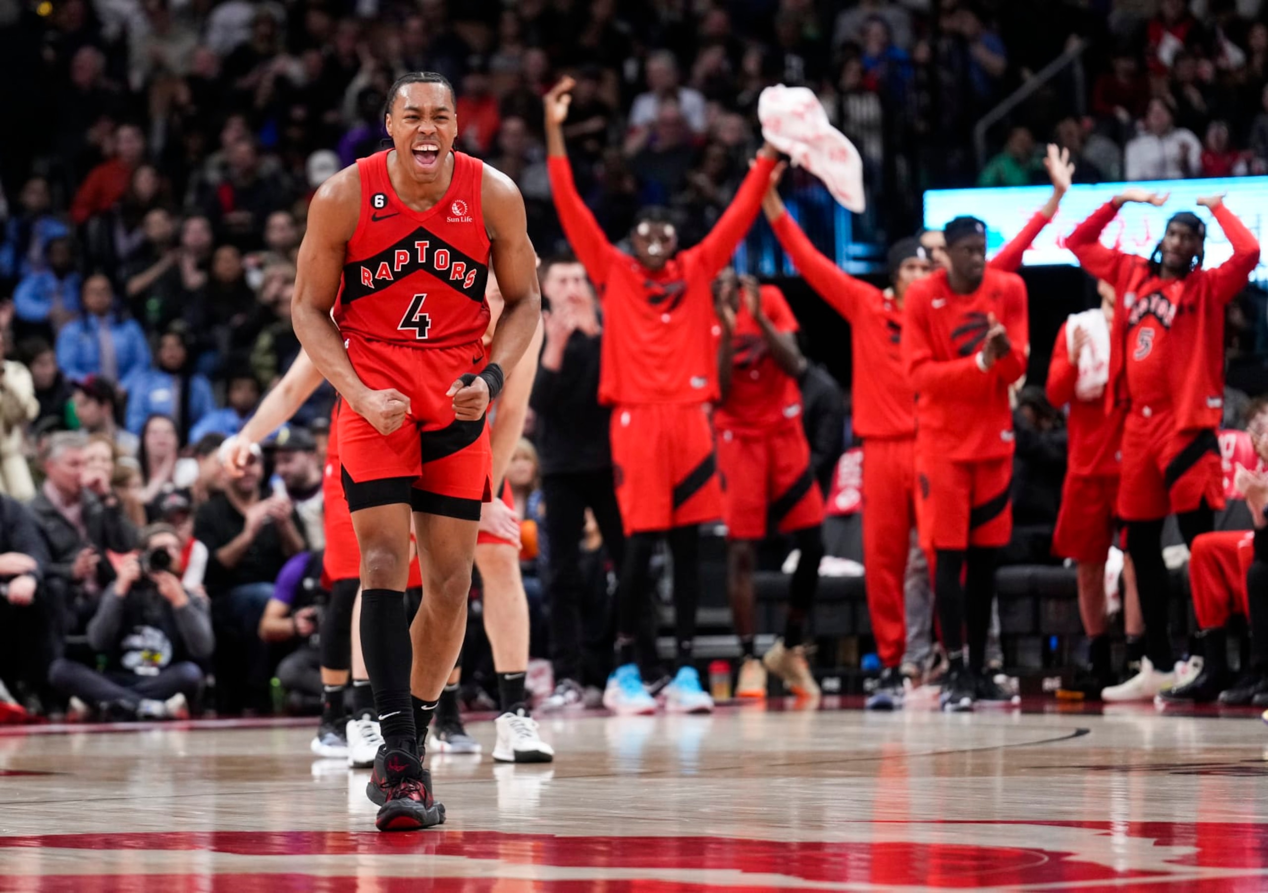 TORONTO, ON - MARCH 26: Scottie Barnes #4 of the Toronto Raptors celebrates against the Washington Wizards during the first half of their basketball game at the Scotiabank Arena on March 26, 2023 in Toronto, Ontario, Canada. NOTE TO USER: User expressly acknowledges and agrees that, by downloading and/or using this Photograph, user is consenting to the terms and conditions of the Getty Images License Agreement. (Photo by Mark Blinch/Getty Images)