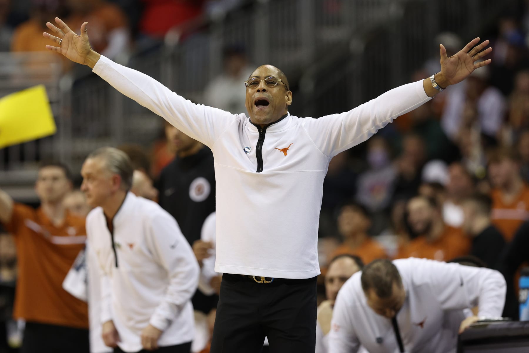 KANSAS CITY, MISSOURI - MARCH 26: Head coach Rodney Terry of the Texas Longhorns reacts during the second half against the Miami Hurricanes in the Elite Eight round of the NCAA Men's Basketball Tournament at T-Mobile Center on March 26, 2023 in Kansas City, Missouri. (Photo by Jamie Squire/Getty Images)