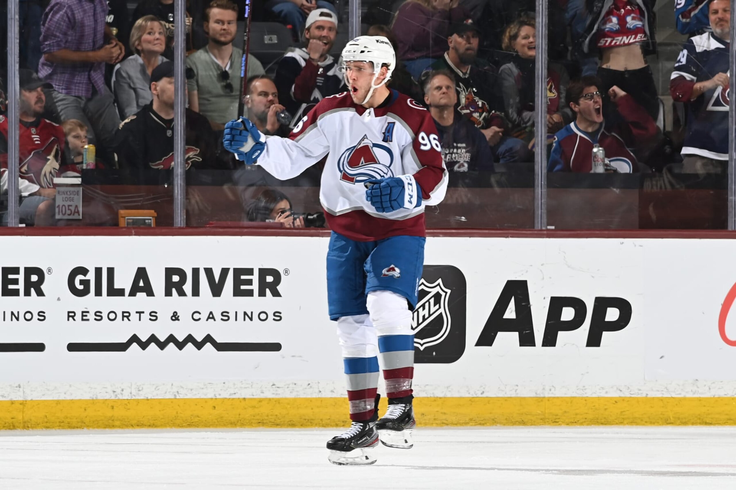 TEMPE, ARIZONA - MARCH 26: Mikko Rantanen #96 of the Colorado Avalanche celebrates after scoring a goal against the Arizona Coyotes during the second period at Mullett Arena on March 26, 2023 in Tempe, Arizona. (Photo by Norm Hall/NHLI via Getty Images)
